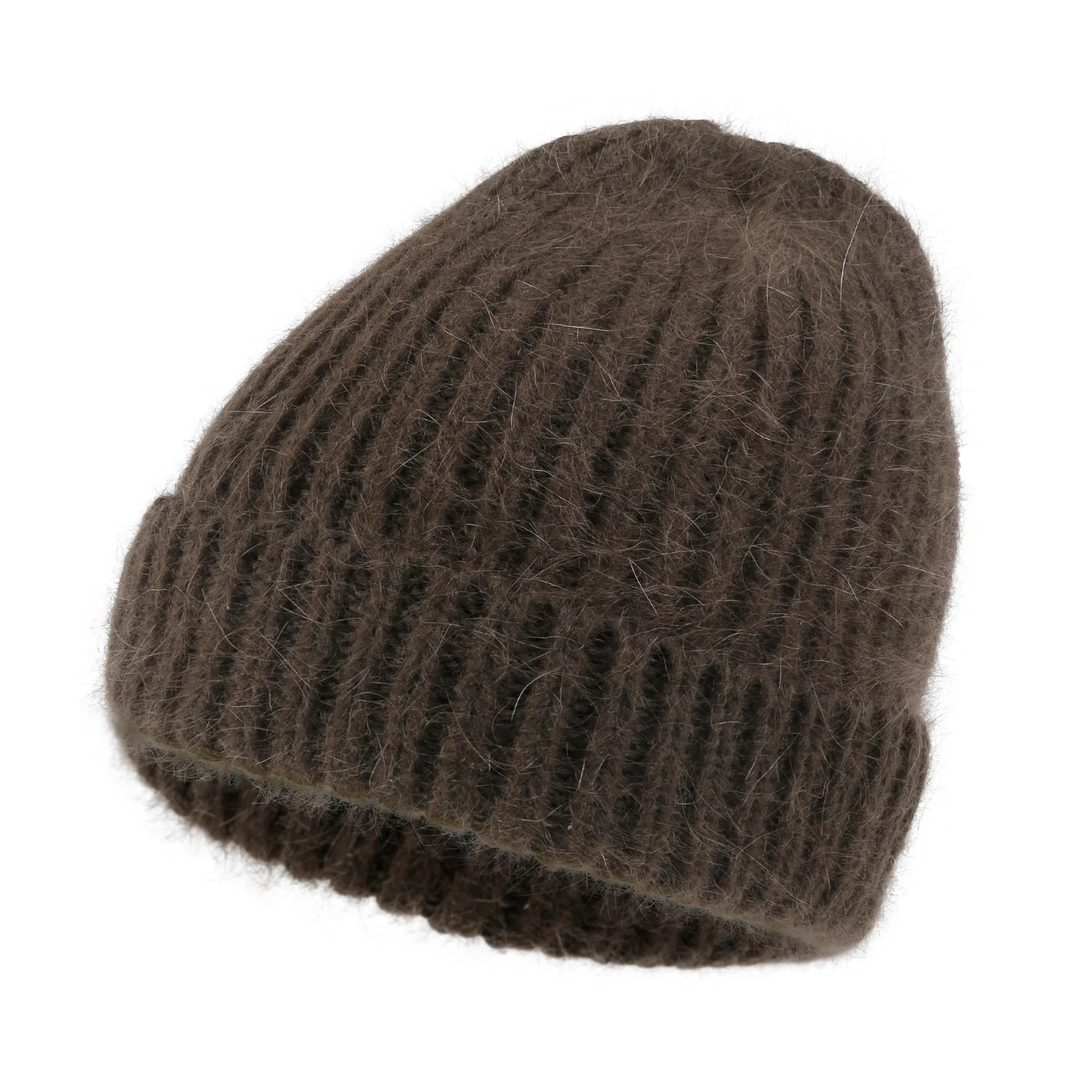 ililily Angora Blended Color Fold Over Short Beanie Ribbed Knit Winter Hat