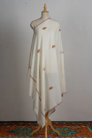 Ivory Elegance: Hand-Embroidered Sozni Merino Wool Shawl