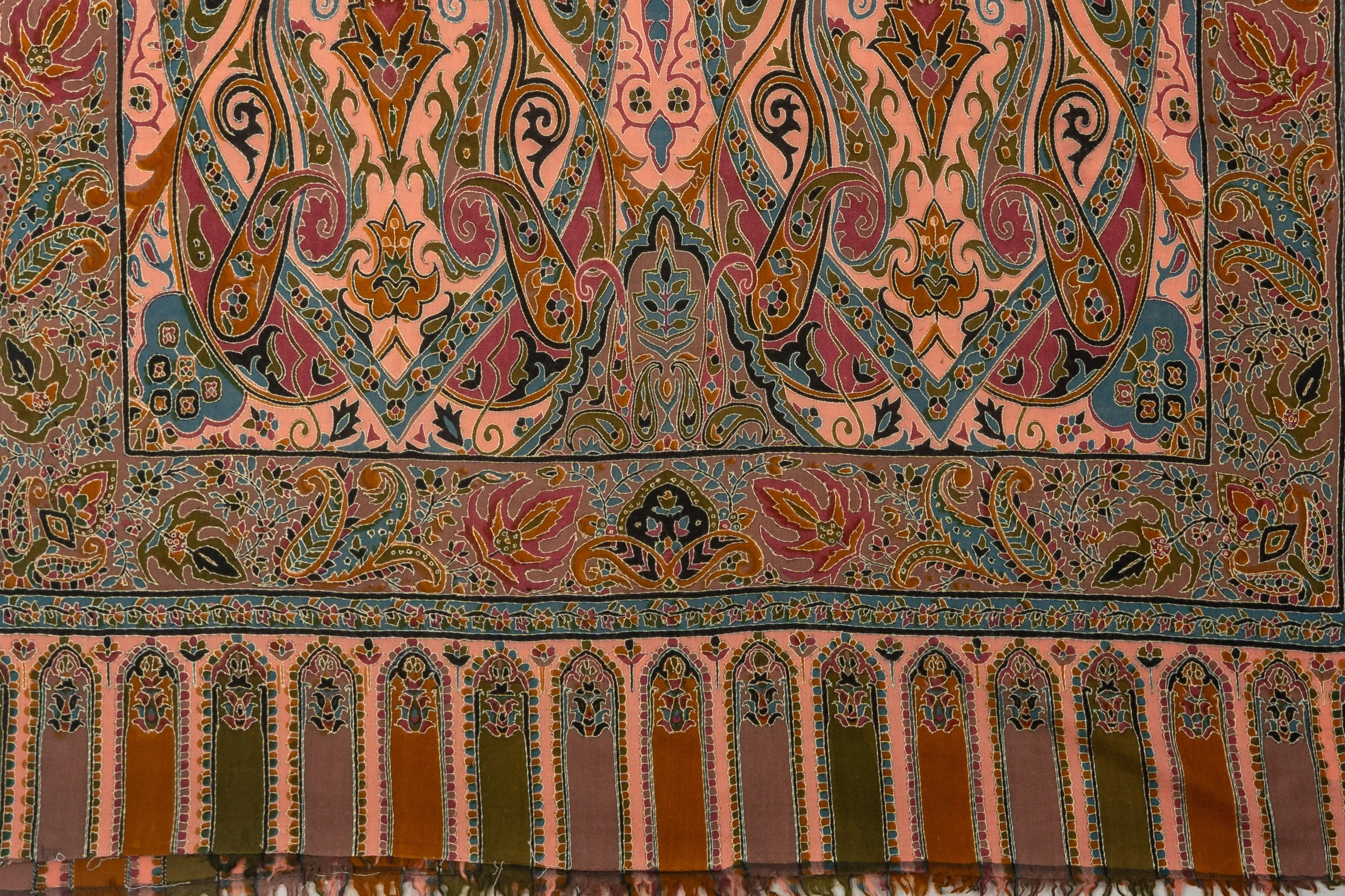 Kalamkari Shawl: Hand-Embroidered Sozni Merino Wool Shawl in Peach Blush