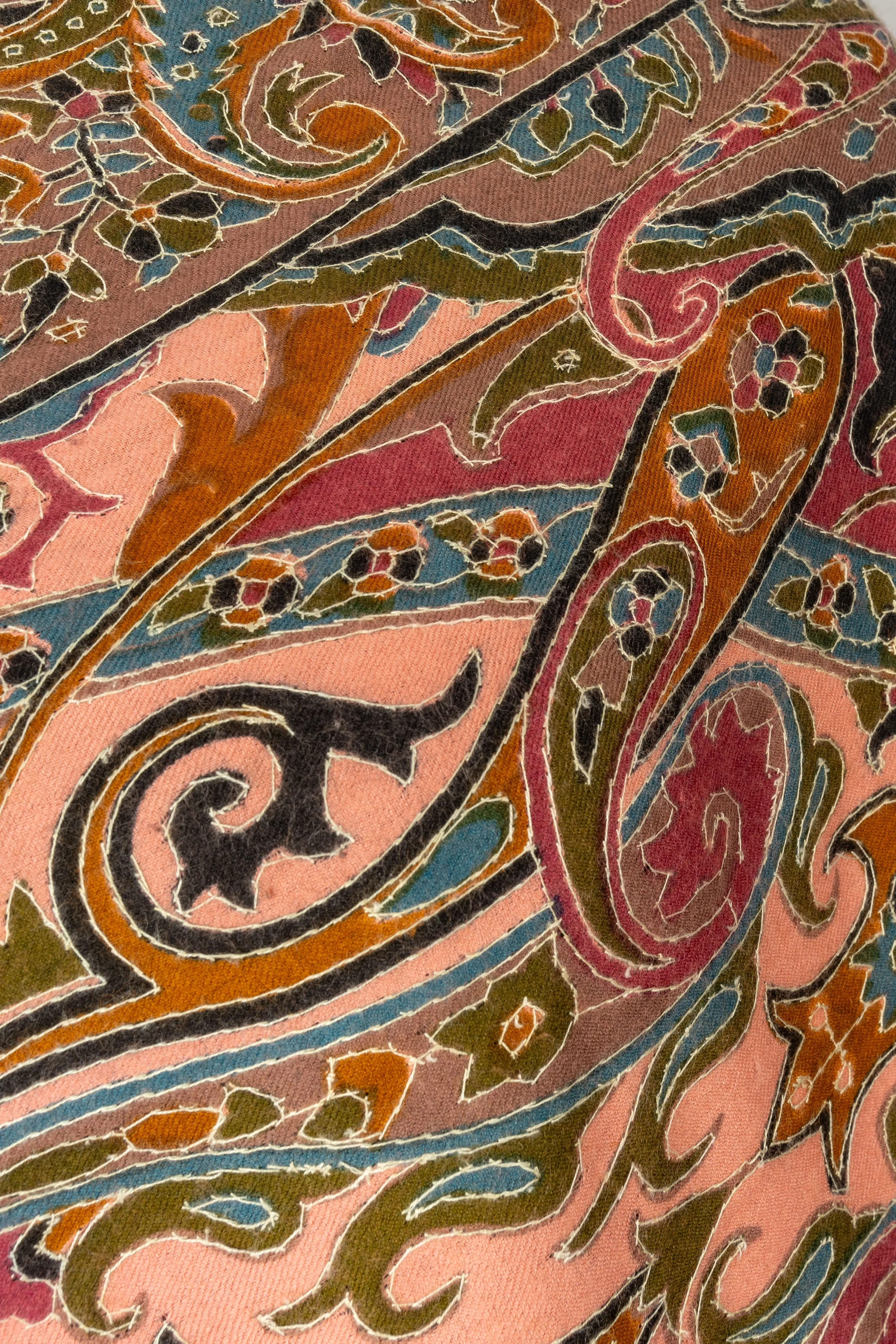 Kalamkari Shawl: Hand-Embroidered Sozni Merino Wool Shawl in Peach Blush