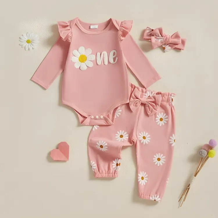 Long Sleeve Embroidered Flower Pink Baby Set