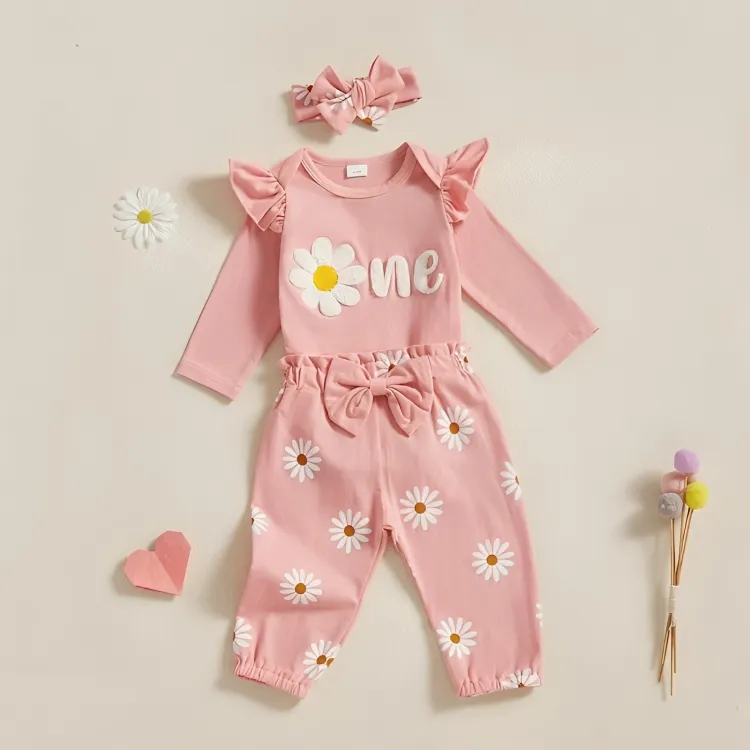 Long Sleeve Embroidered Flower Pink Baby Set