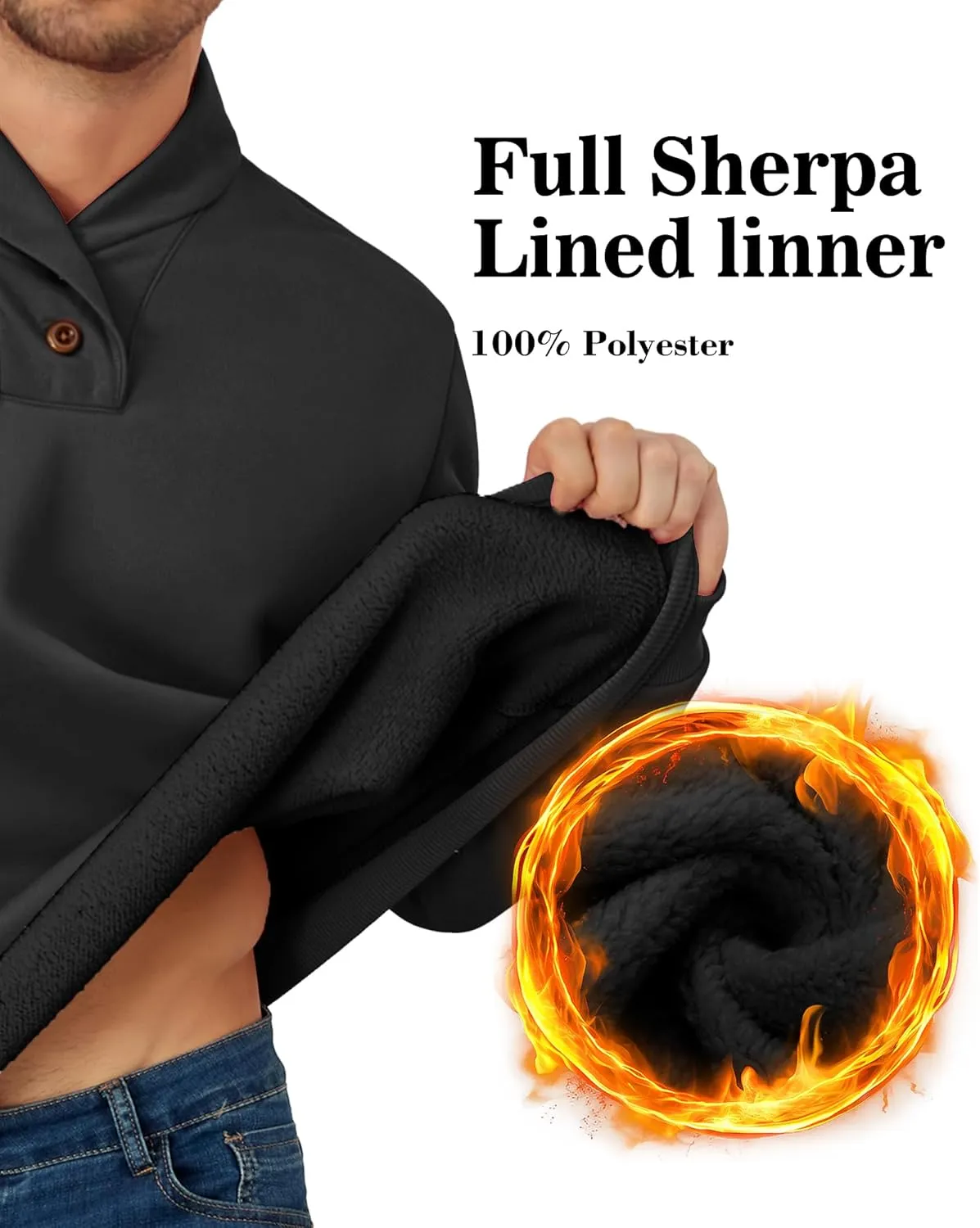 Men's Fleece Lined Sweatshirts Sherpa Lined Polo Pullover Sweater Quarter Button Thermal Henley Sweat Shirts