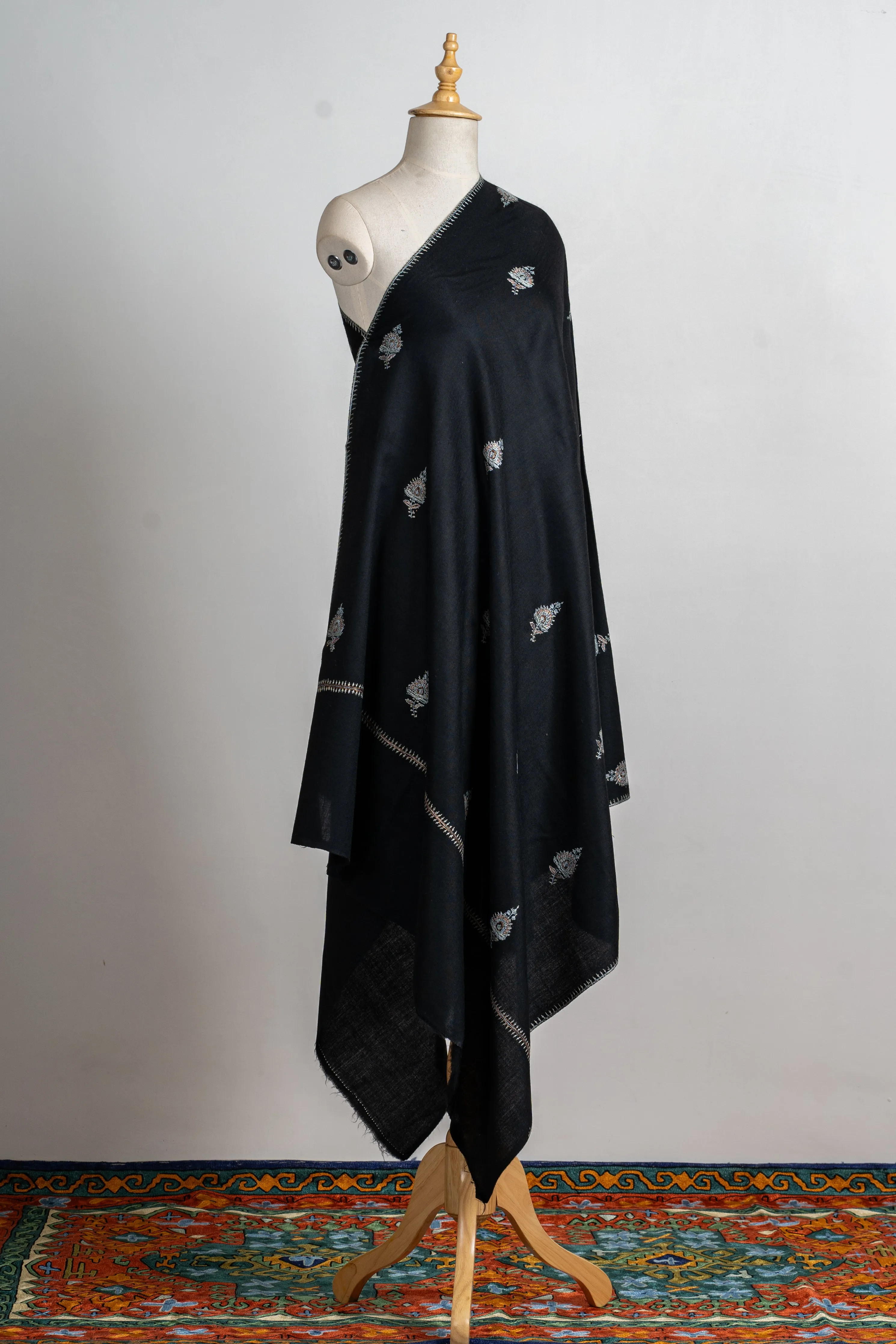 Midnight Bloom Hand-Embroidered Sozni Merino Wool Shawl