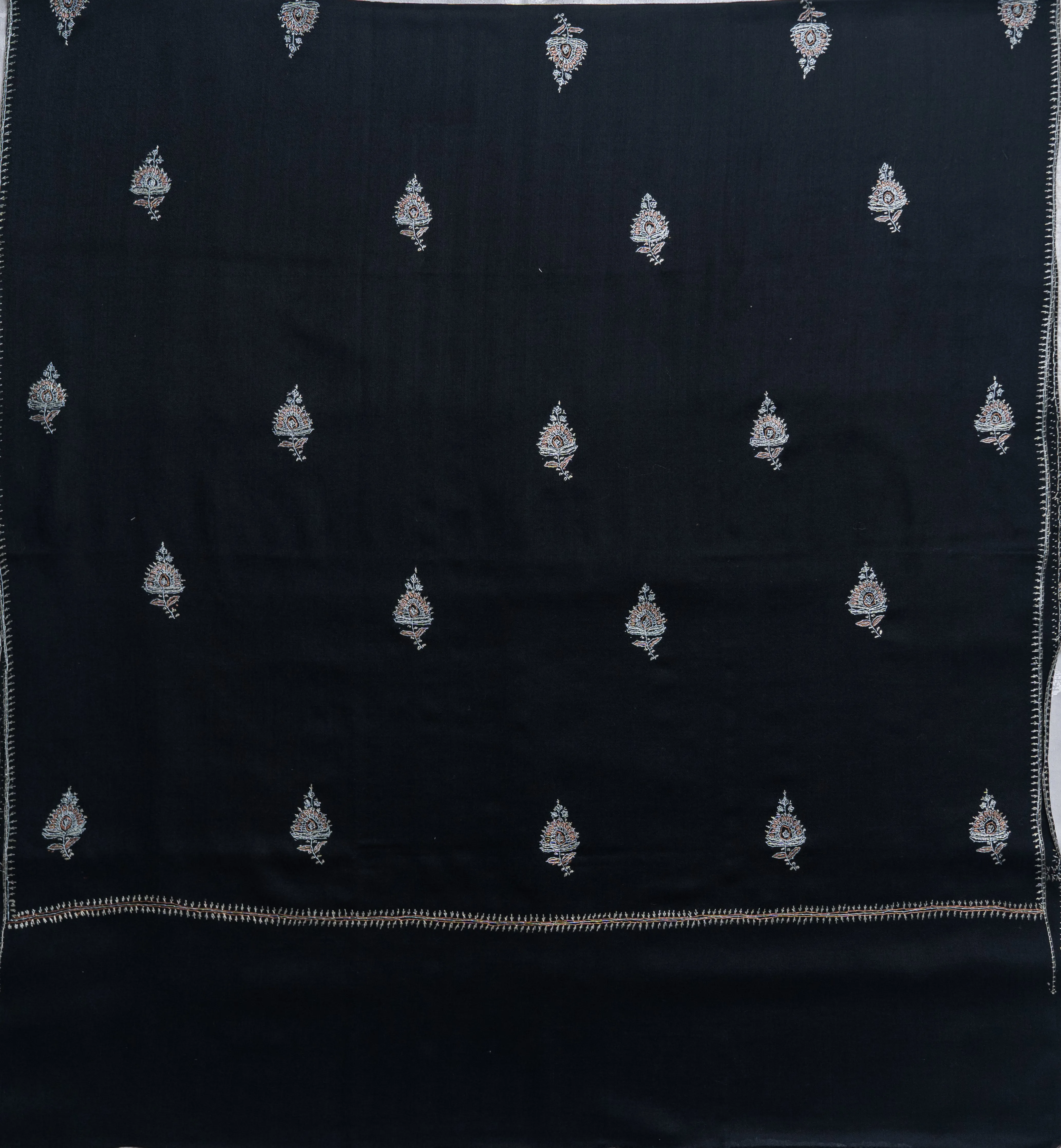 Midnight Bloom Hand-Embroidered Sozni Merino Wool Shawl