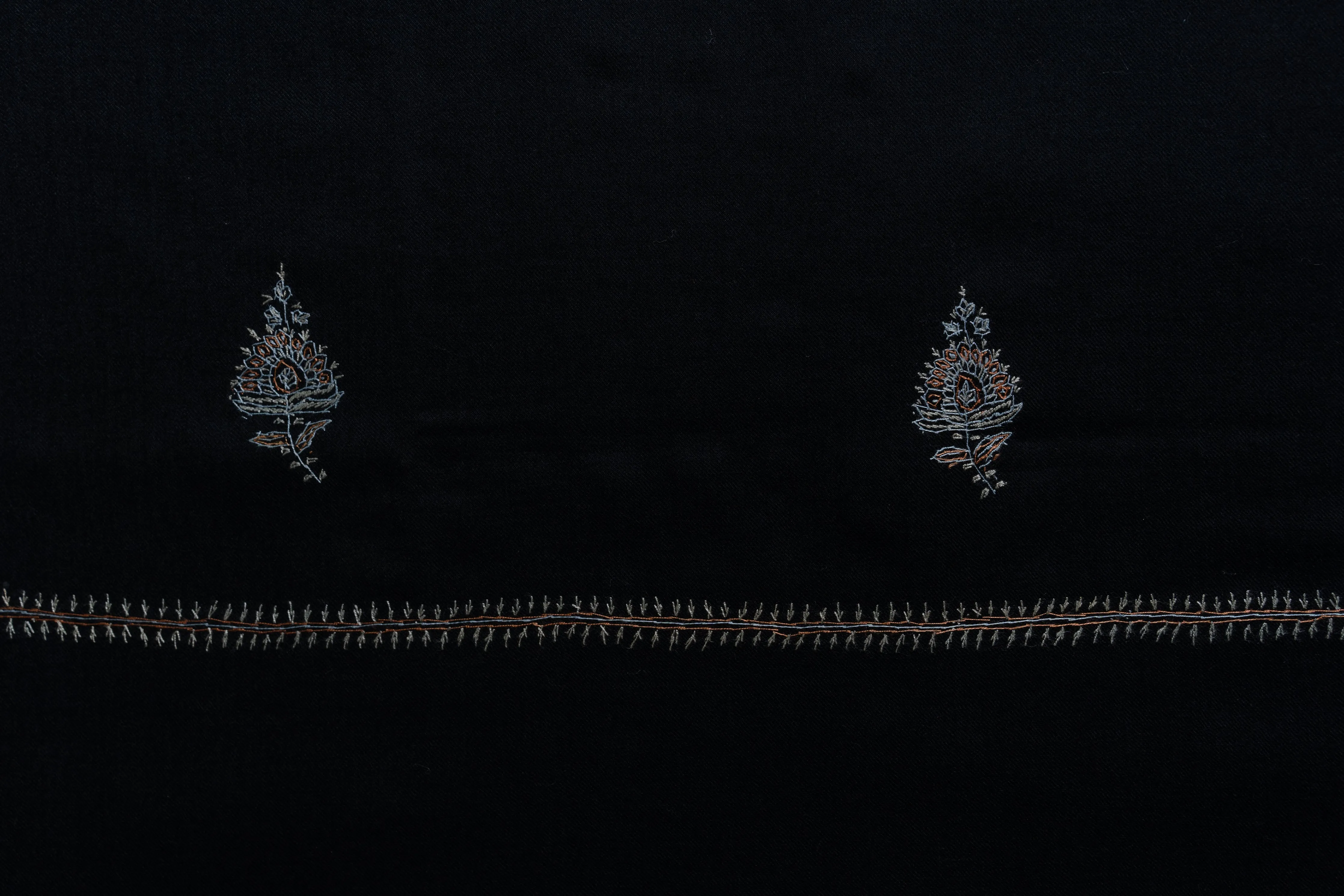 Midnight Bloom Hand-Embroidered Sozni Merino Wool Shawl