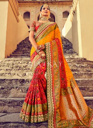 Mustard Yellow Embroidered Patola Silk Wedding Saree