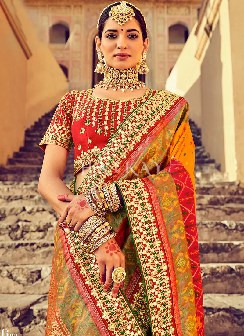 Mustard Yellow Embroidered Patola Silk Wedding Saree