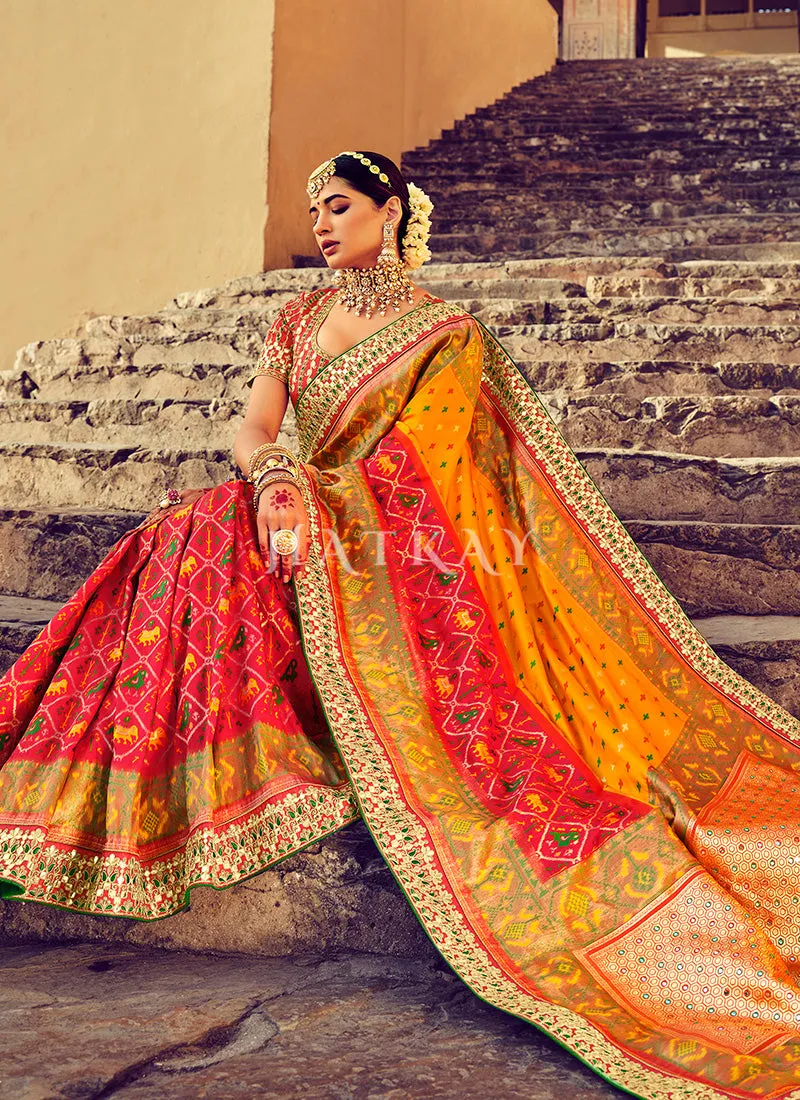 Mustard Yellow Embroidered Patola Silk Wedding Saree