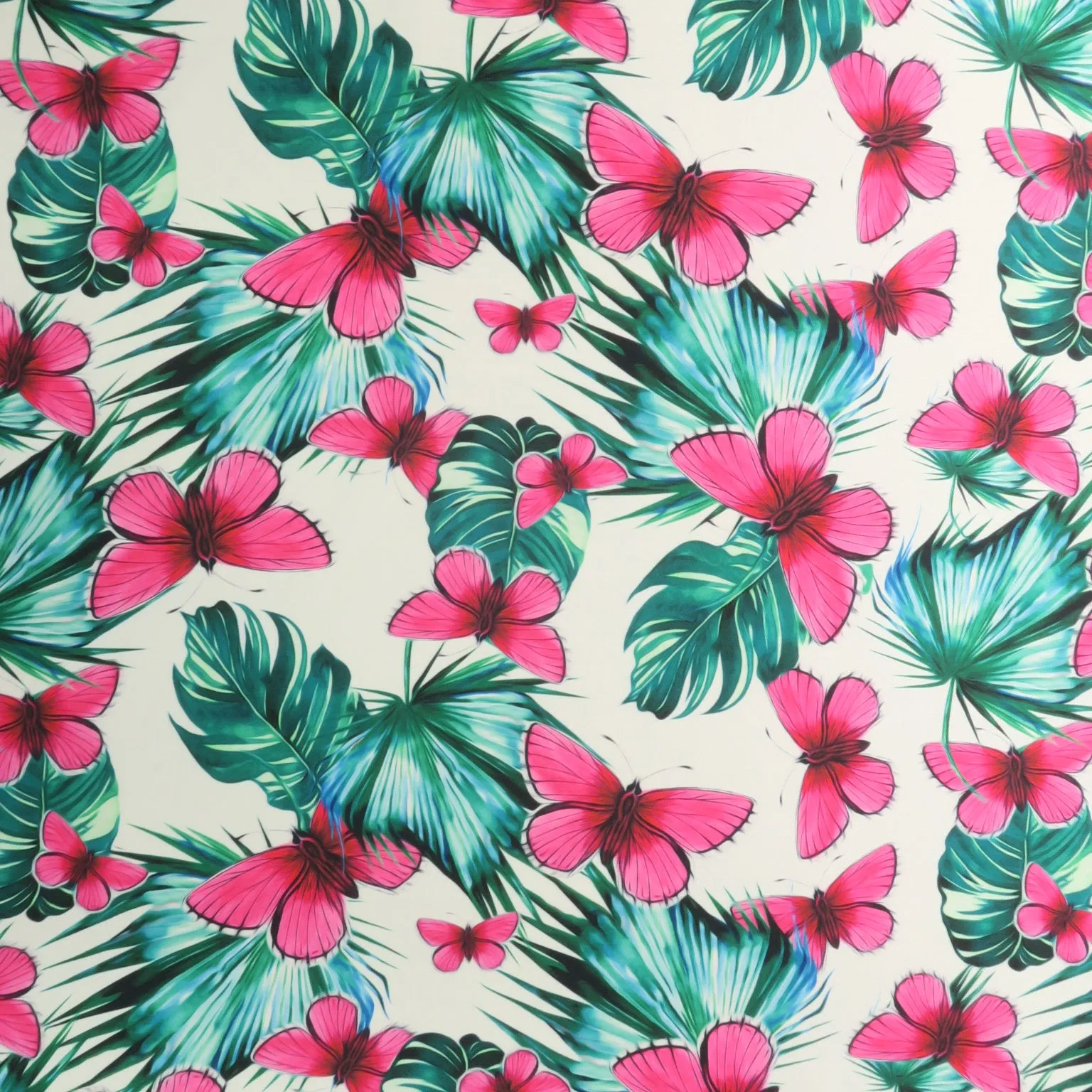 Pink Butterflies on White Background Printed Polyester Mikado Fabric