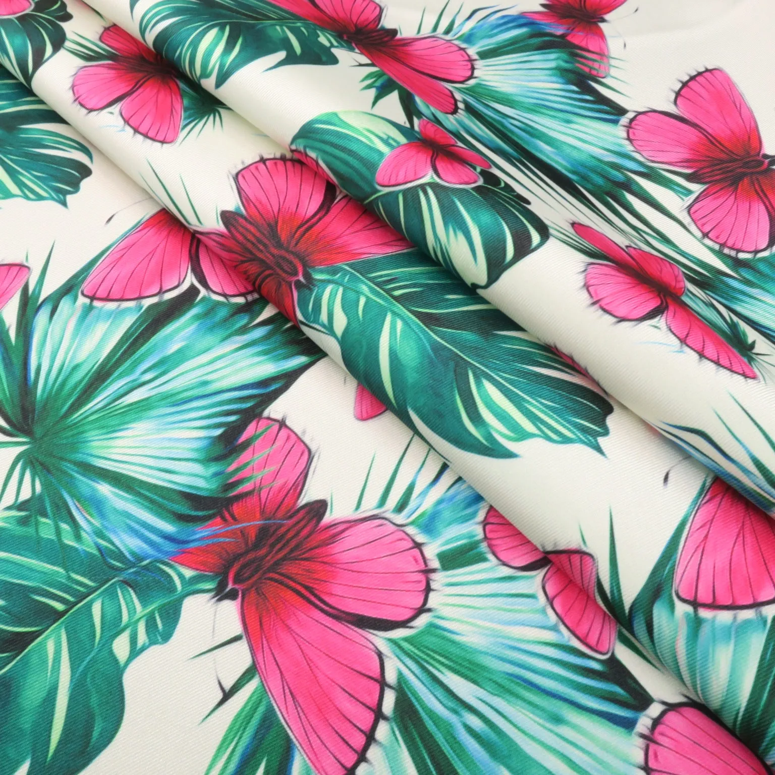 Pink Butterflies on White Background Printed Polyester Mikado Fabric