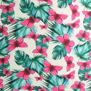 Pink Butterflies on White Background Printed Polyester Mikado Fabric