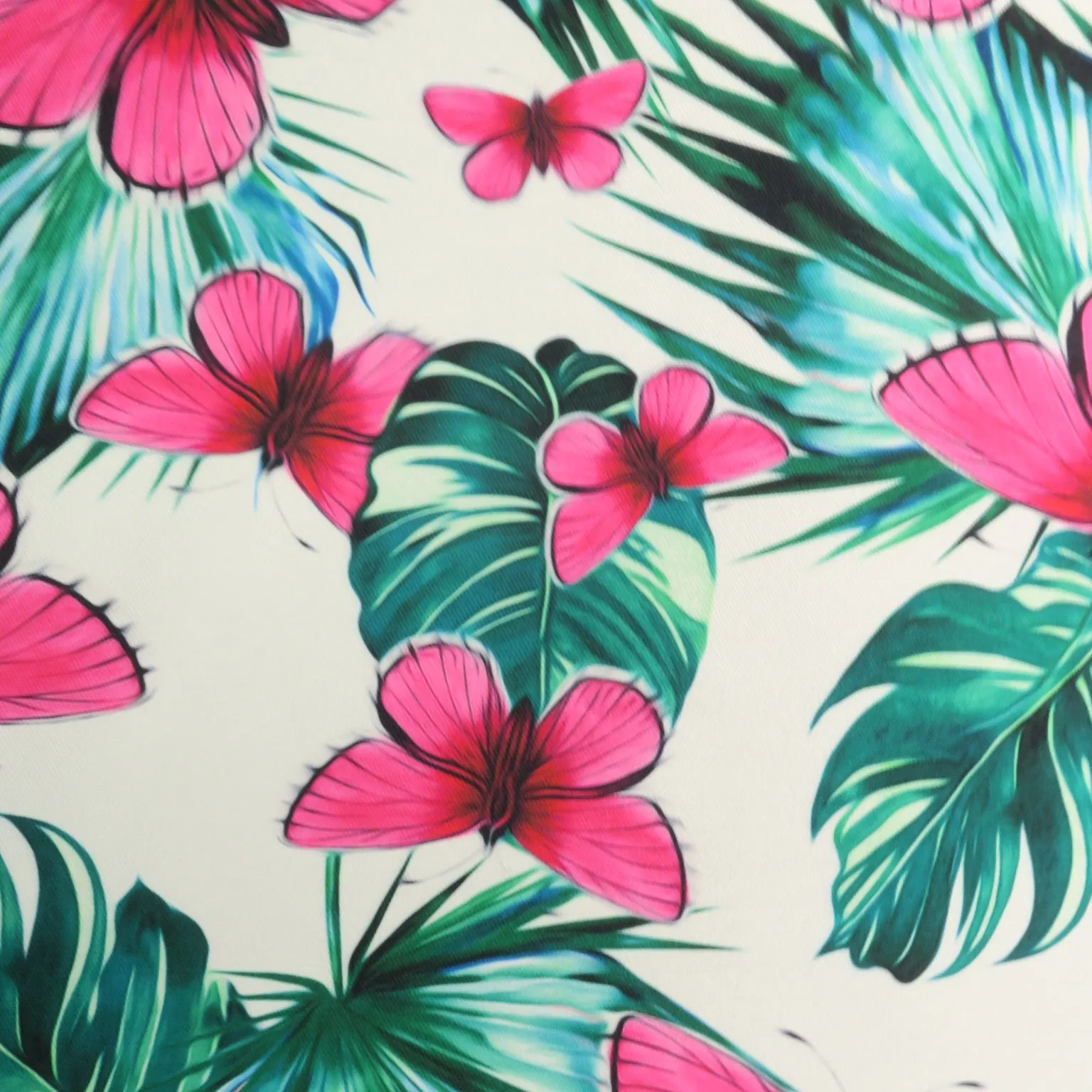 Pink Butterflies on White Background Printed Polyester Mikado Fabric
