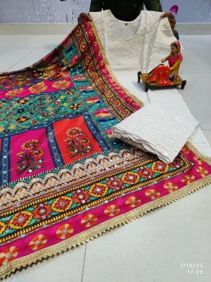 Pink Multicolor Rajasthani Patterns Chikankari Elegance - Pakistani Dupatta & Kurti Palazzo Set
