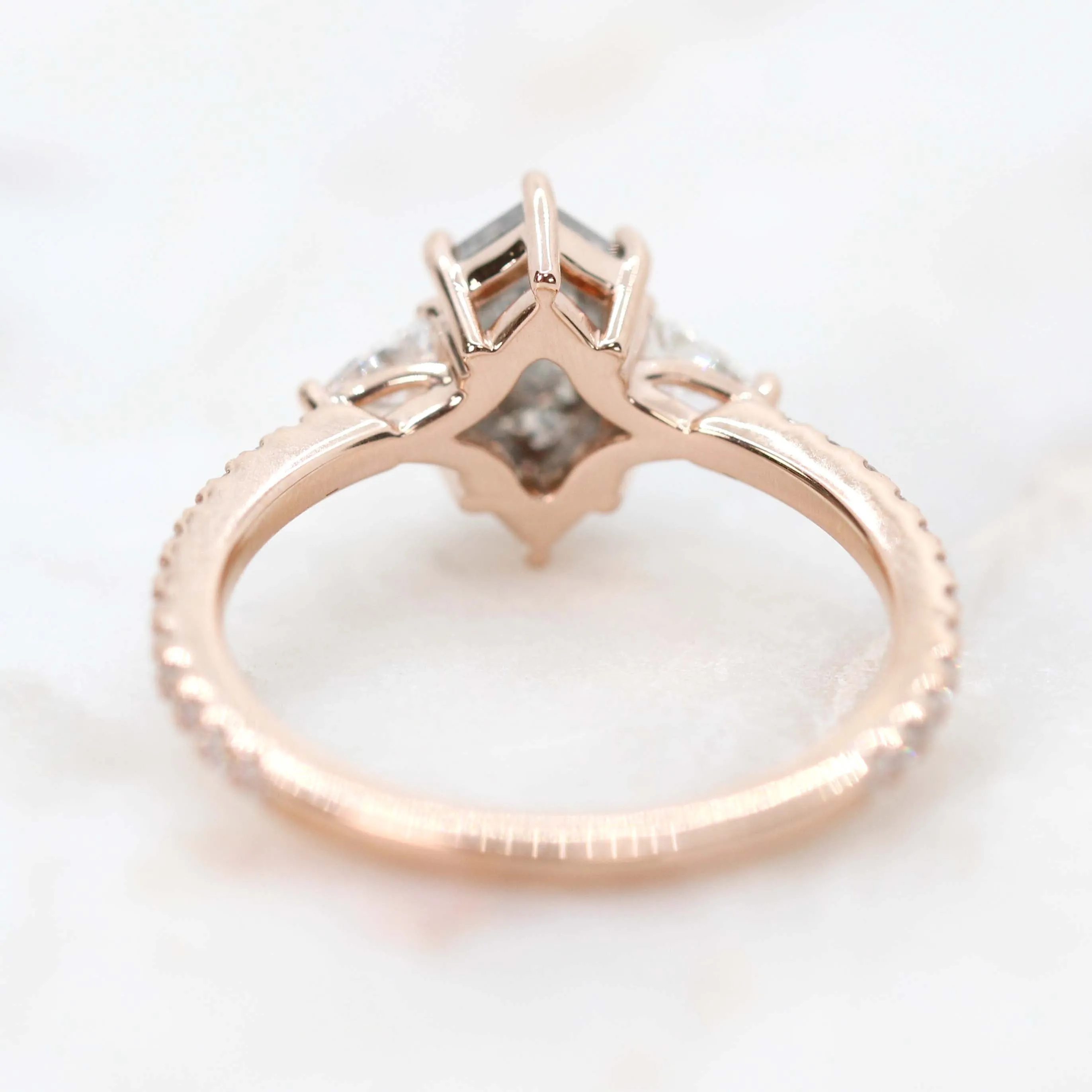 Project: Custom Dia Ring with a 1.5 Carat Dark Hexagon Salt and Pepper Diamond and White Accent Diamonds in 14k