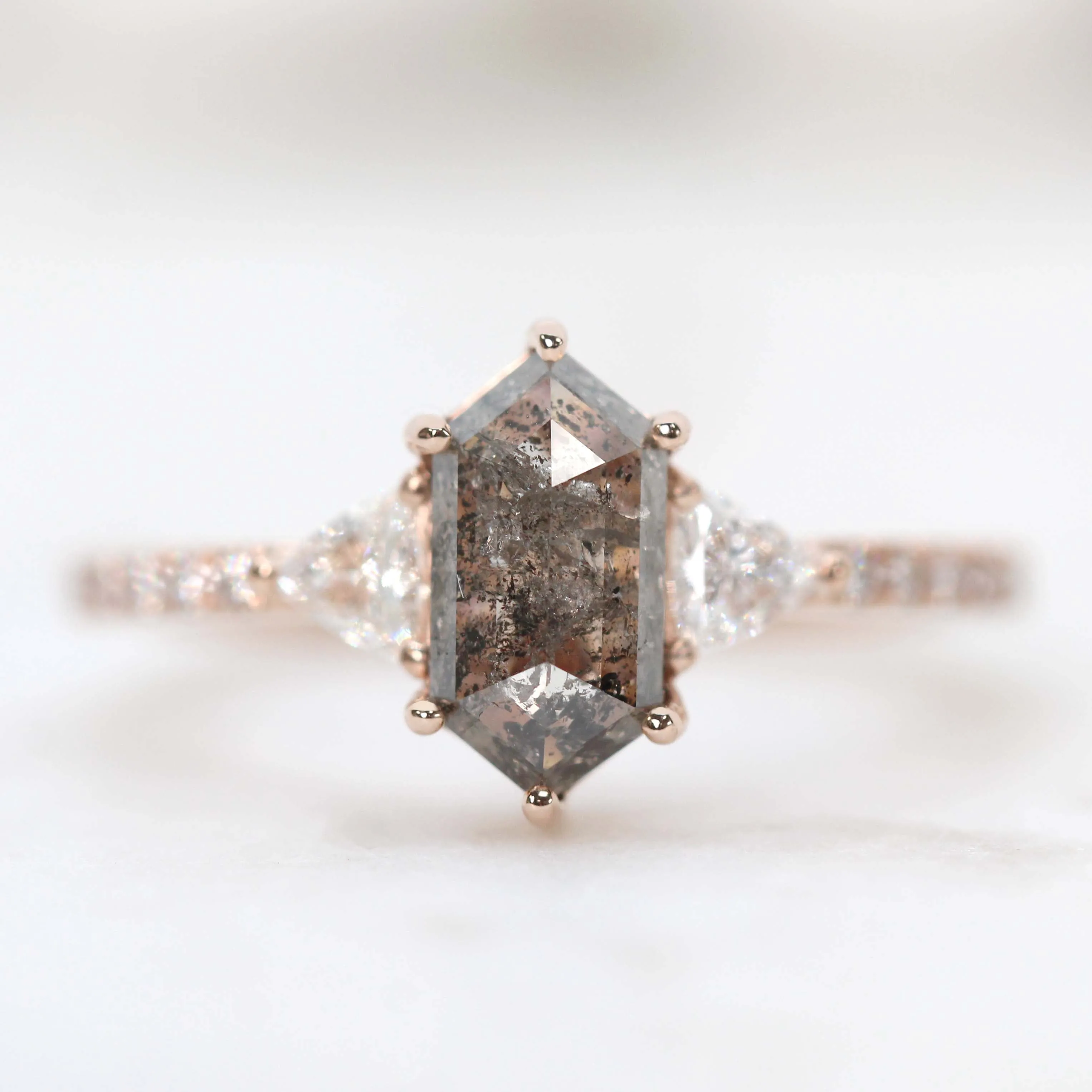 Project: Custom Dia Ring with a 1.5 Carat Dark Hexagon Salt and Pepper Diamond and White Accent Diamonds in 14k