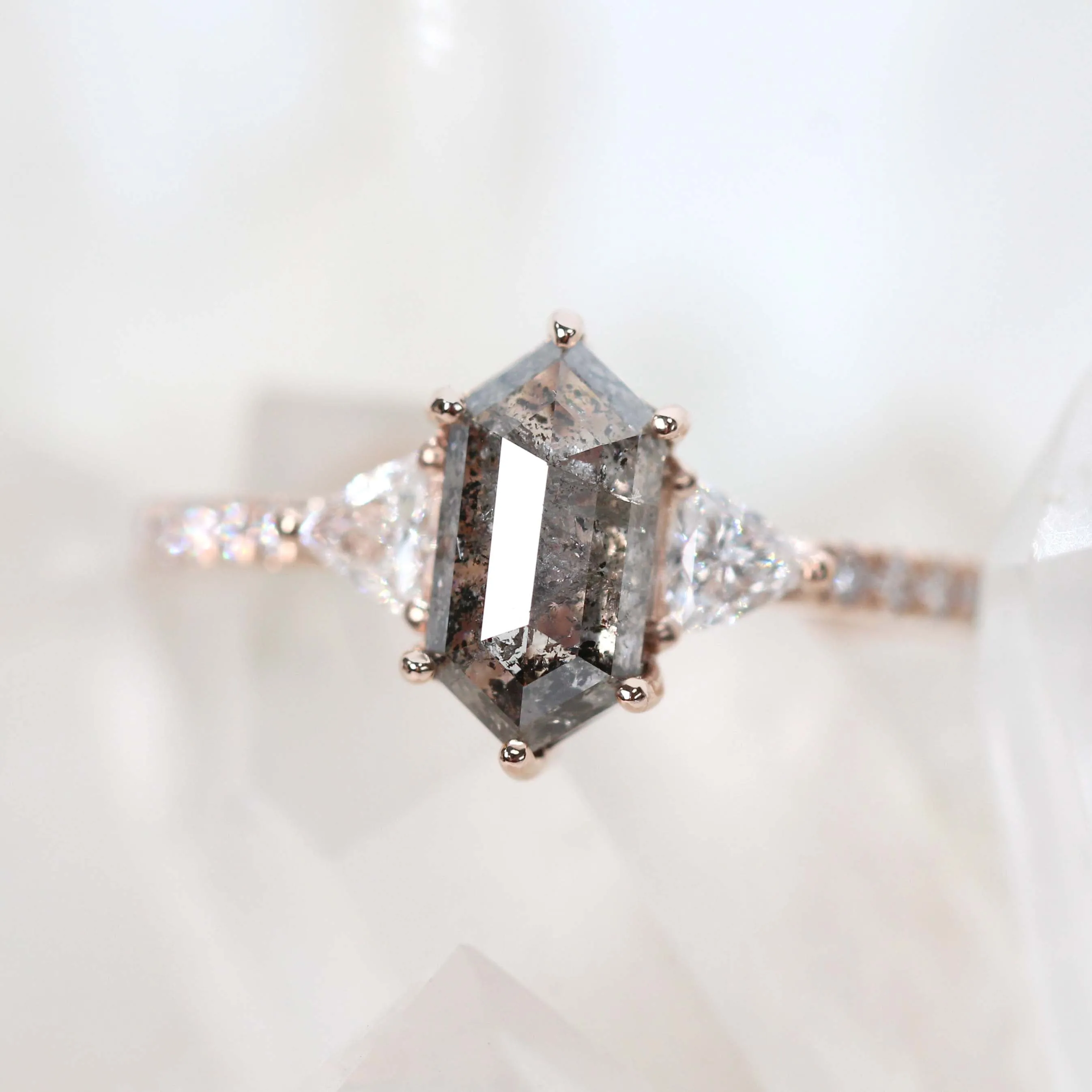 Project: Custom Dia Ring with a 1.5 Carat Dark Hexagon Salt and Pepper Diamond and White Accent Diamonds in 14k