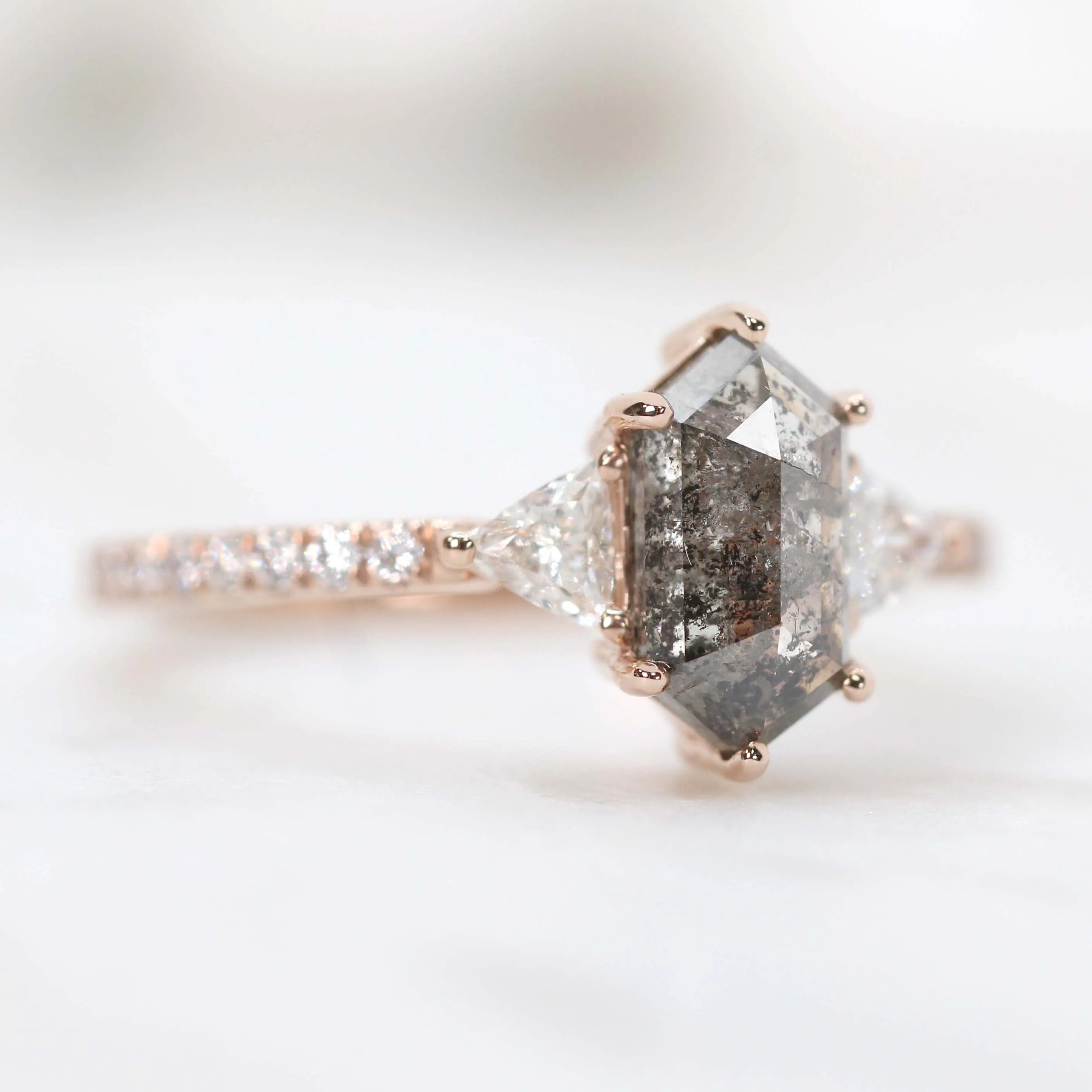 Project: Custom Dia Ring with a 1.5 Carat Dark Hexagon Salt and Pepper Diamond and White Accent Diamonds in 14k