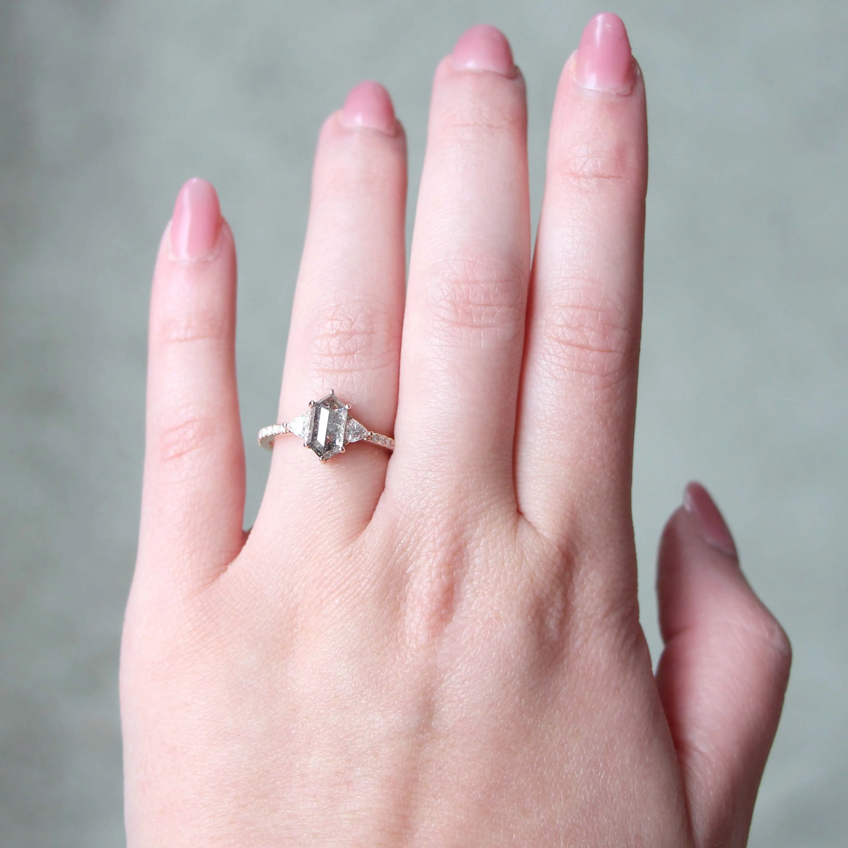 Project: Custom Dia Ring with a 1.5 Carat Dark Hexagon Salt and Pepper Diamond and White Accent Diamonds in 14k
