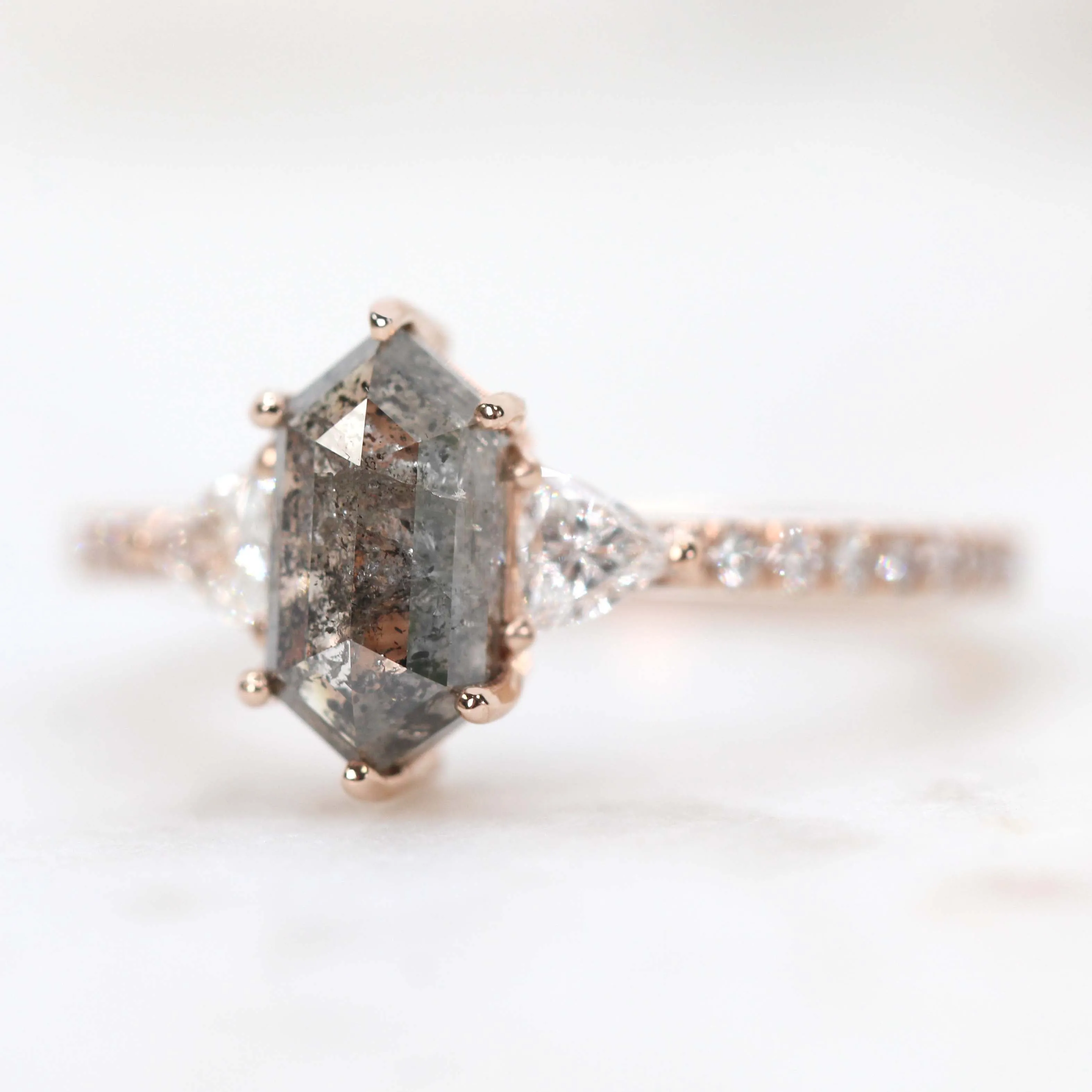 Project: Custom Dia Ring with a 1.5 Carat Dark Hexagon Salt and Pepper Diamond and White Accent Diamonds in 14k