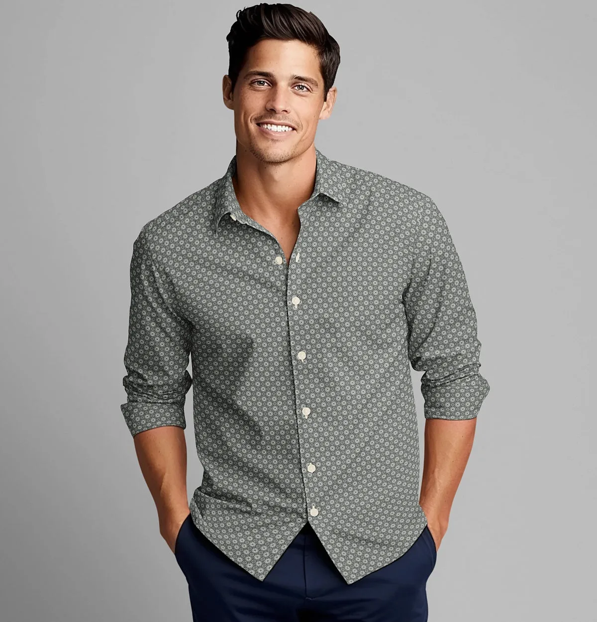 Pure Cotton - Semi-Spread Collar - Long Sleeve - Light Gray Floral Maze
