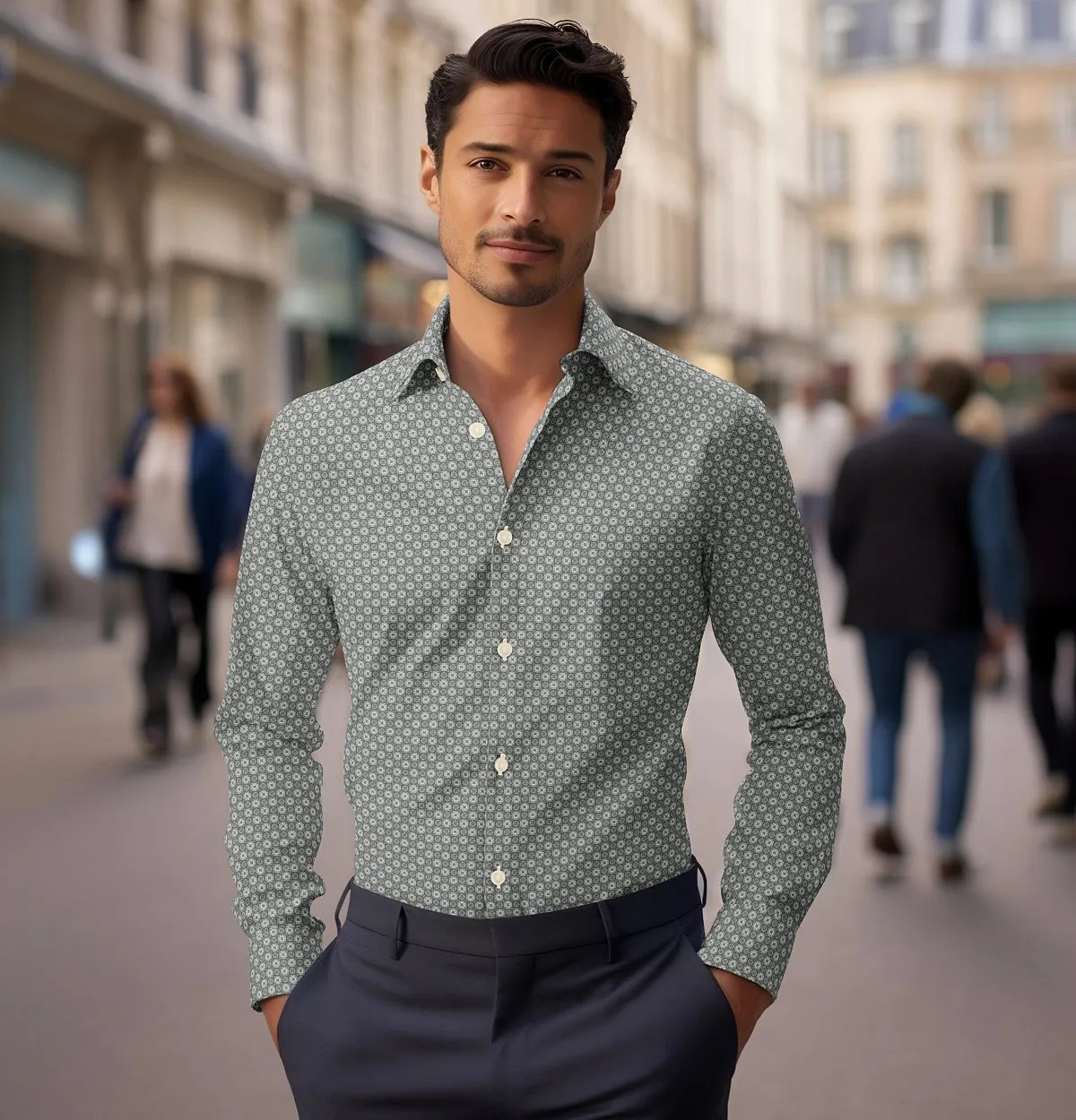 Pure Cotton - Semi-Spread Collar - Long Sleeve - Light Gray Floral Maze