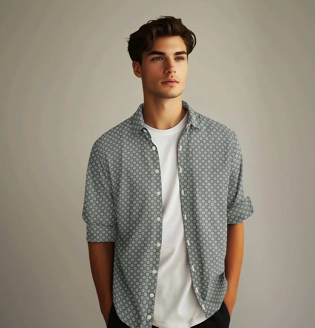 Pure Cotton - Semi-Spread Collar - Long Sleeve - Light Gray Floral Maze