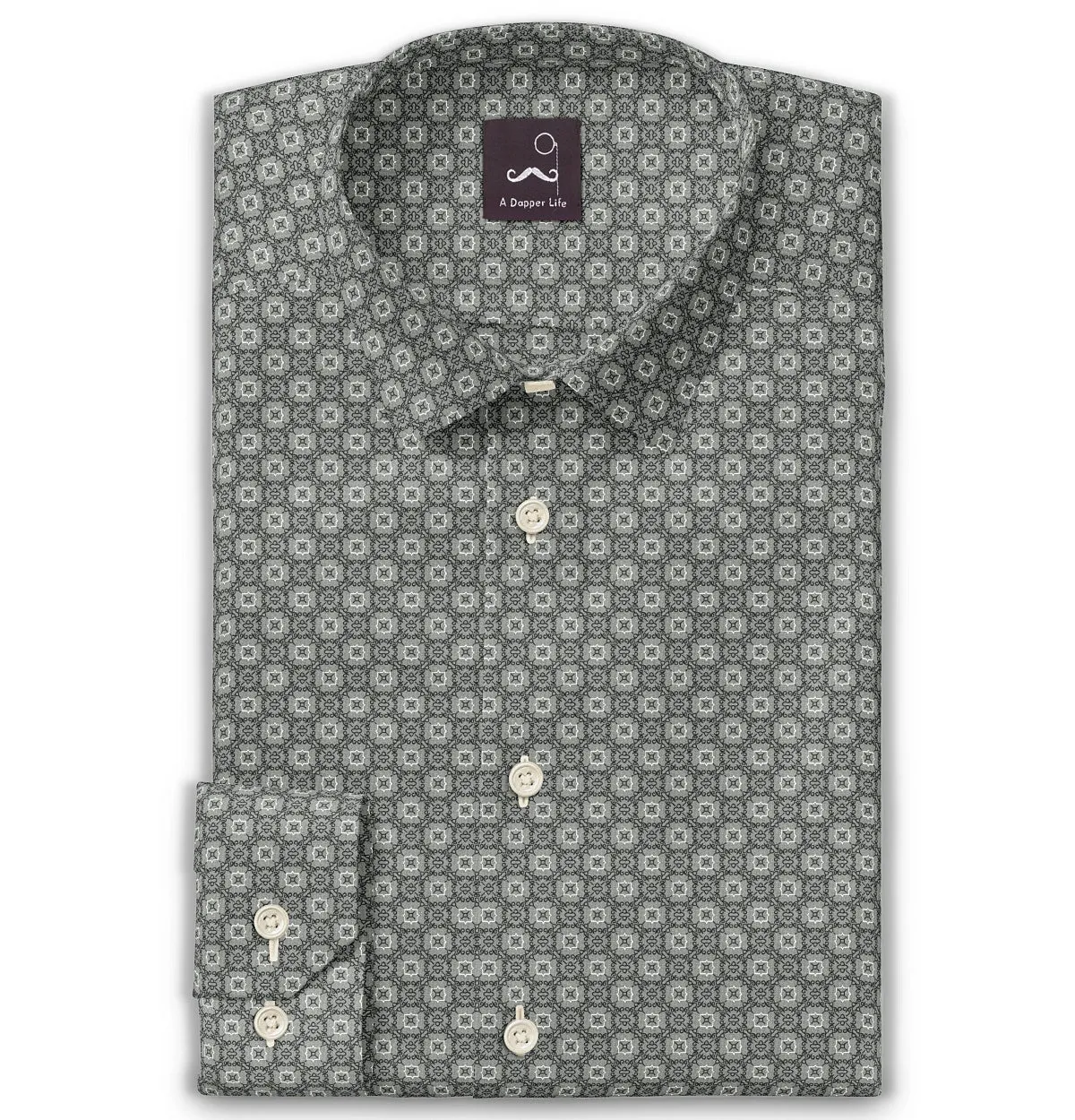 Pure Cotton - Semi-Spread Collar - Long Sleeve - Light Gray Floral Maze