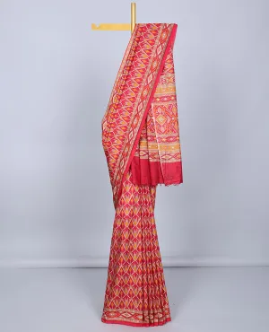 Red geometric printed semi-banaras printed saree, self-border & pallu of geometric patterns