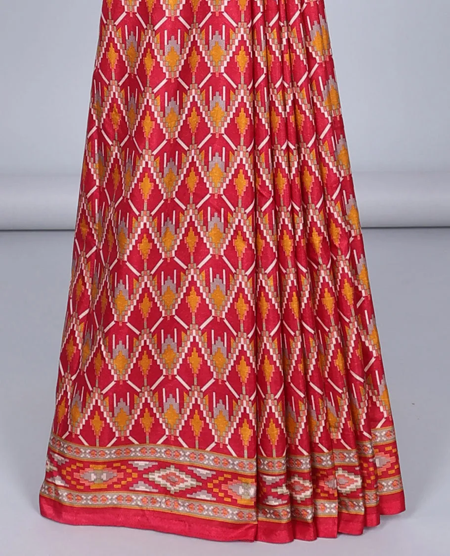 Red geometric printed semi-banaras printed saree, self-border & pallu of geometric patterns