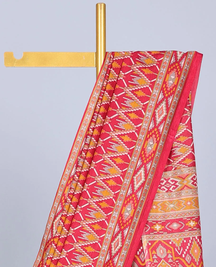 Red geometric printed semi-banaras printed saree, self-border & pallu of geometric patterns