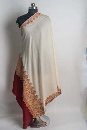 Refined Ivory and Burgundy Kashmiri Tilla Embroidered Merino Wool Shawl