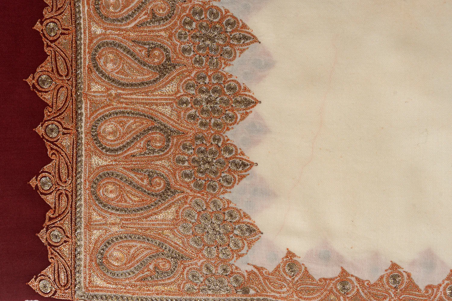 Refined Ivory and Burgundy Kashmiri Tilla Embroidered Merino Wool Shawl