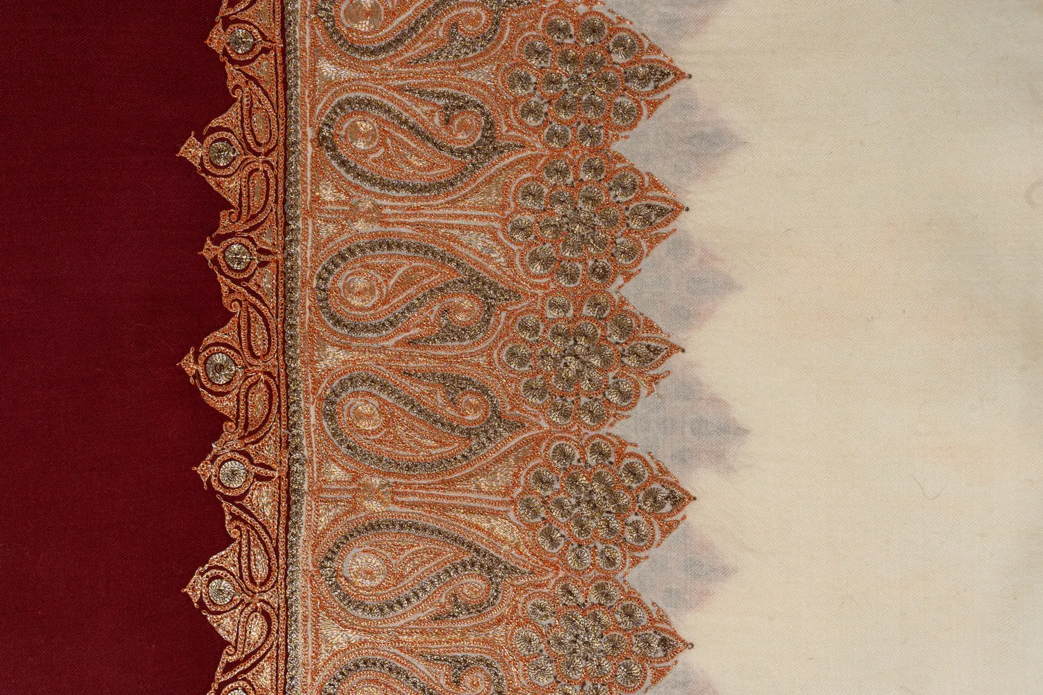 Refined Ivory and Burgundy Kashmiri Tilla Embroidered Merino Wool Shawl