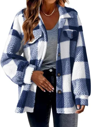 RONGTAI Women's Fall Fashion Sherpa-Lined Fuzzy Flannel Shacket Jacket Plaid Long Sleeve Button-Down Fleece Hooded Coat