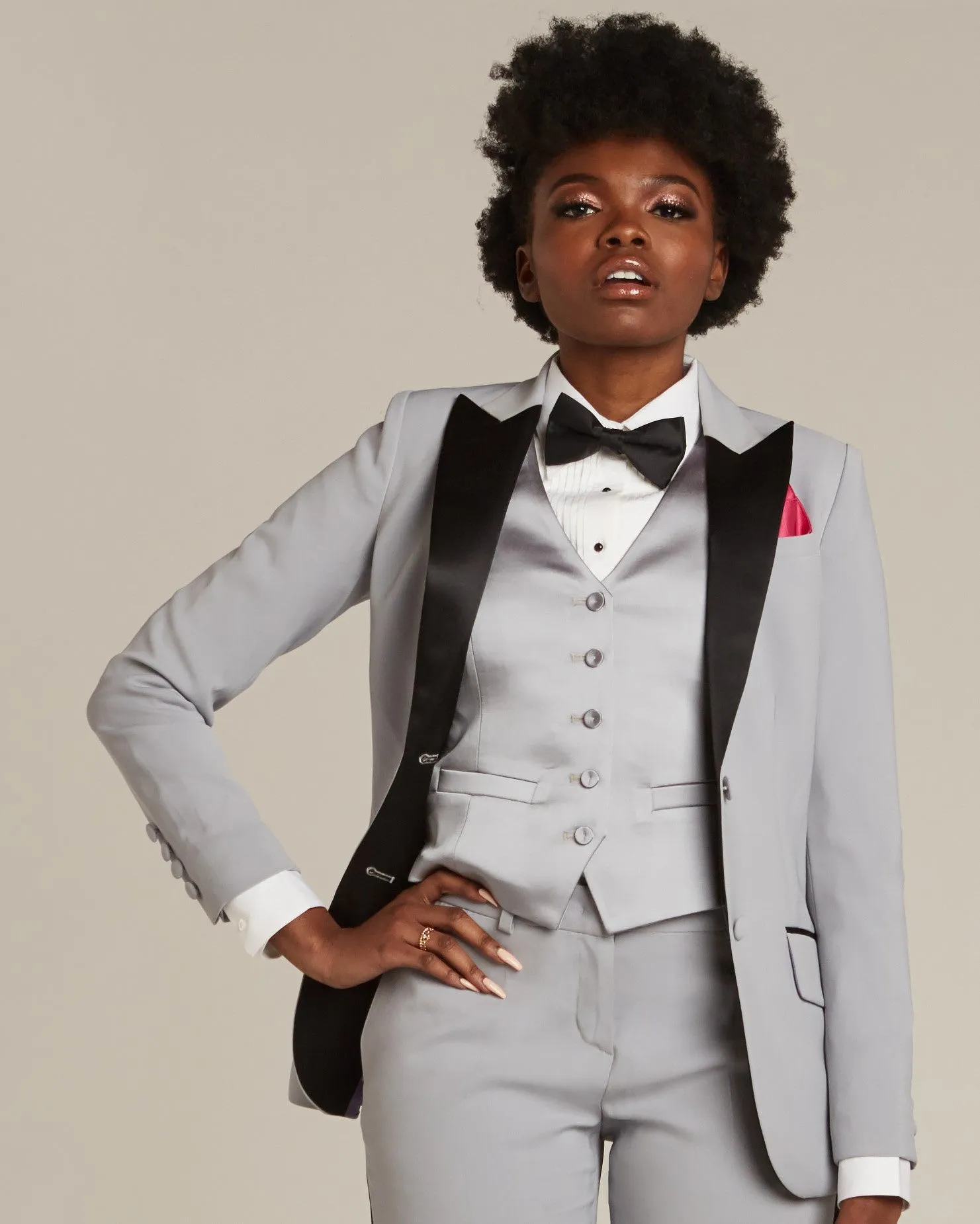 Silver Gray & Black Peak Lapel Tuxedo Jacket