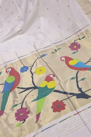 Stunning Off White Handloom Paithani Pure Cotton Saree - Perfect for Any Occasion!