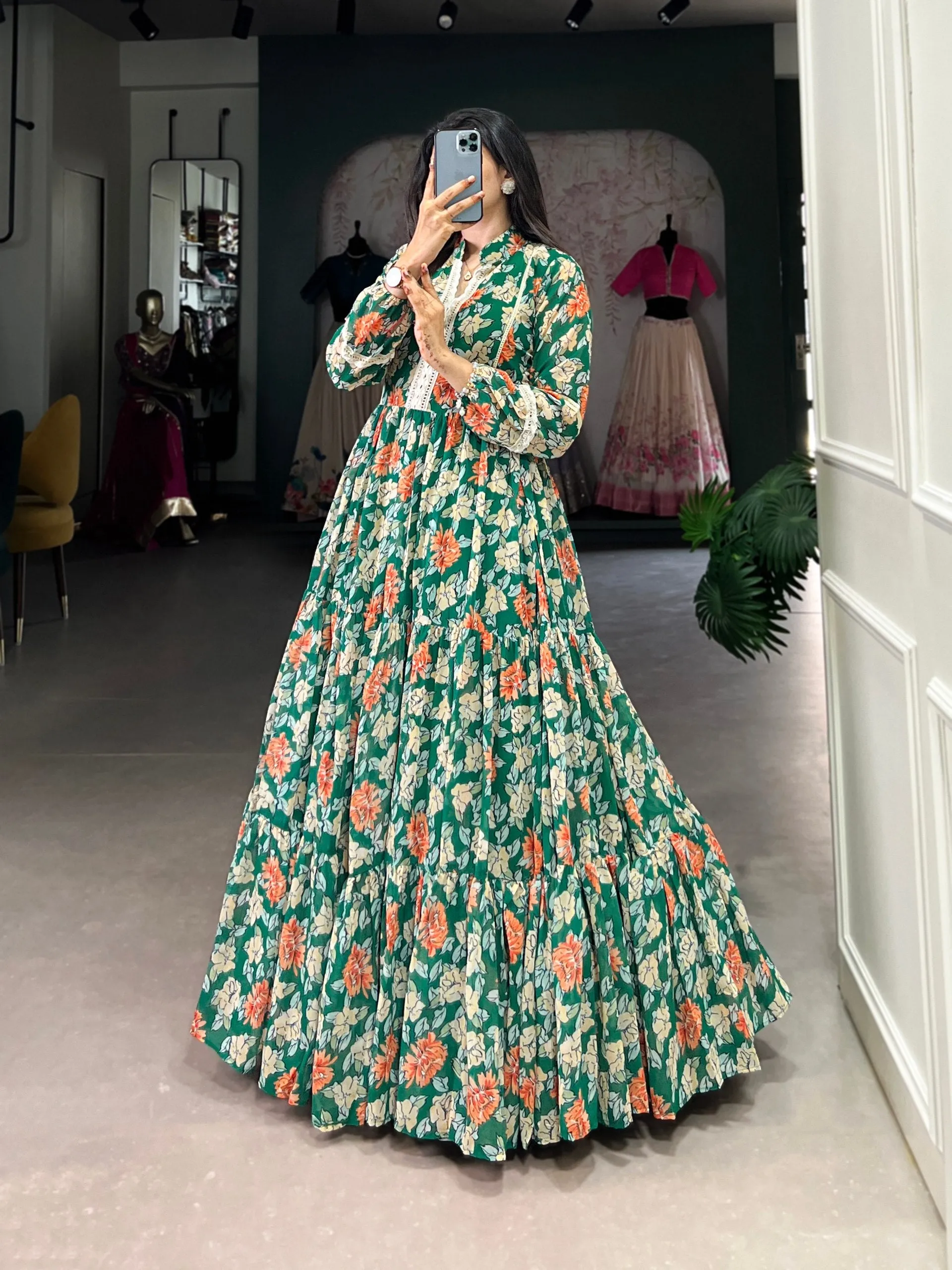 Sublime Triple-Layer Floral Georgette Green Printed Gown Dress