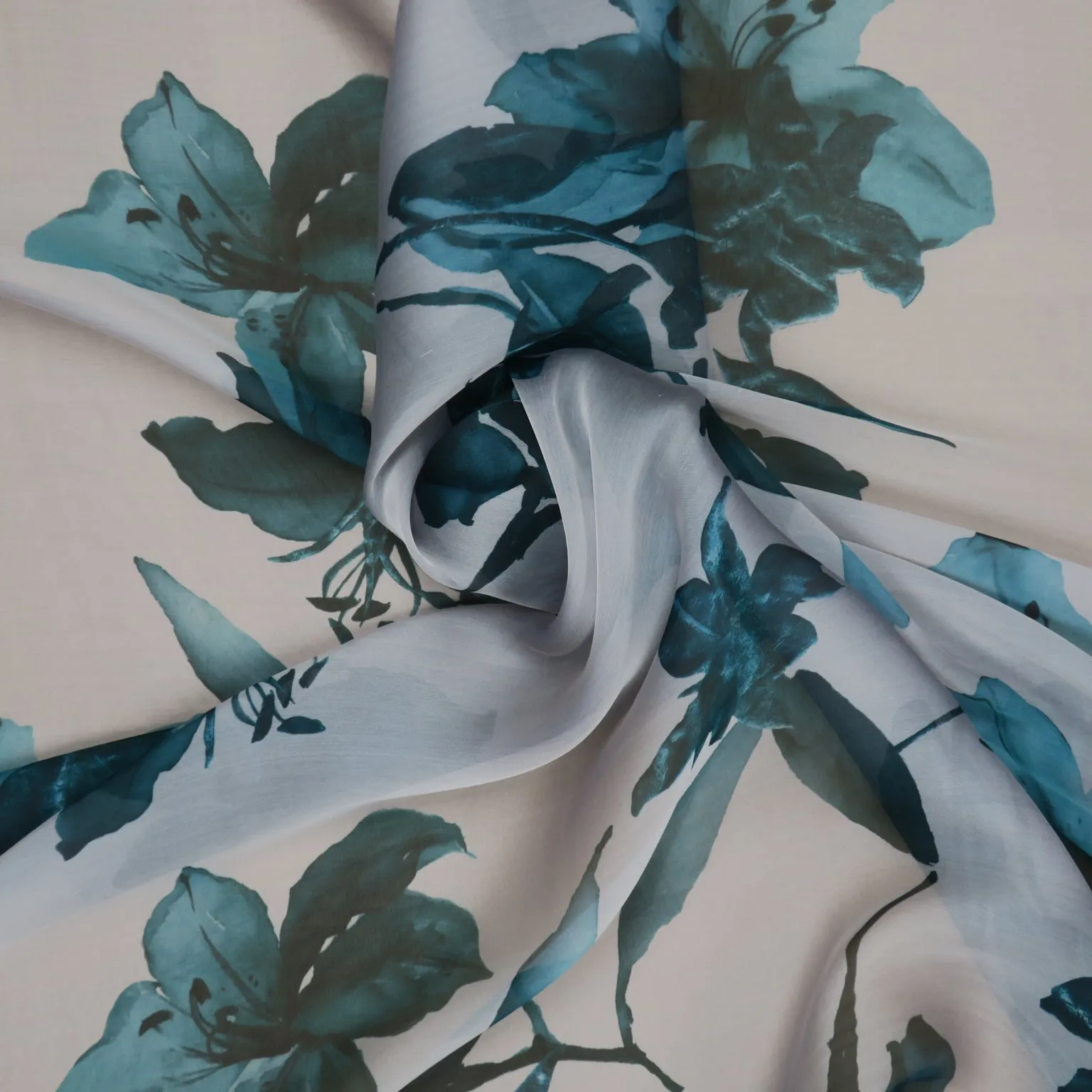 Teal Florals on Light Sheer Background Silk Organza Fabric