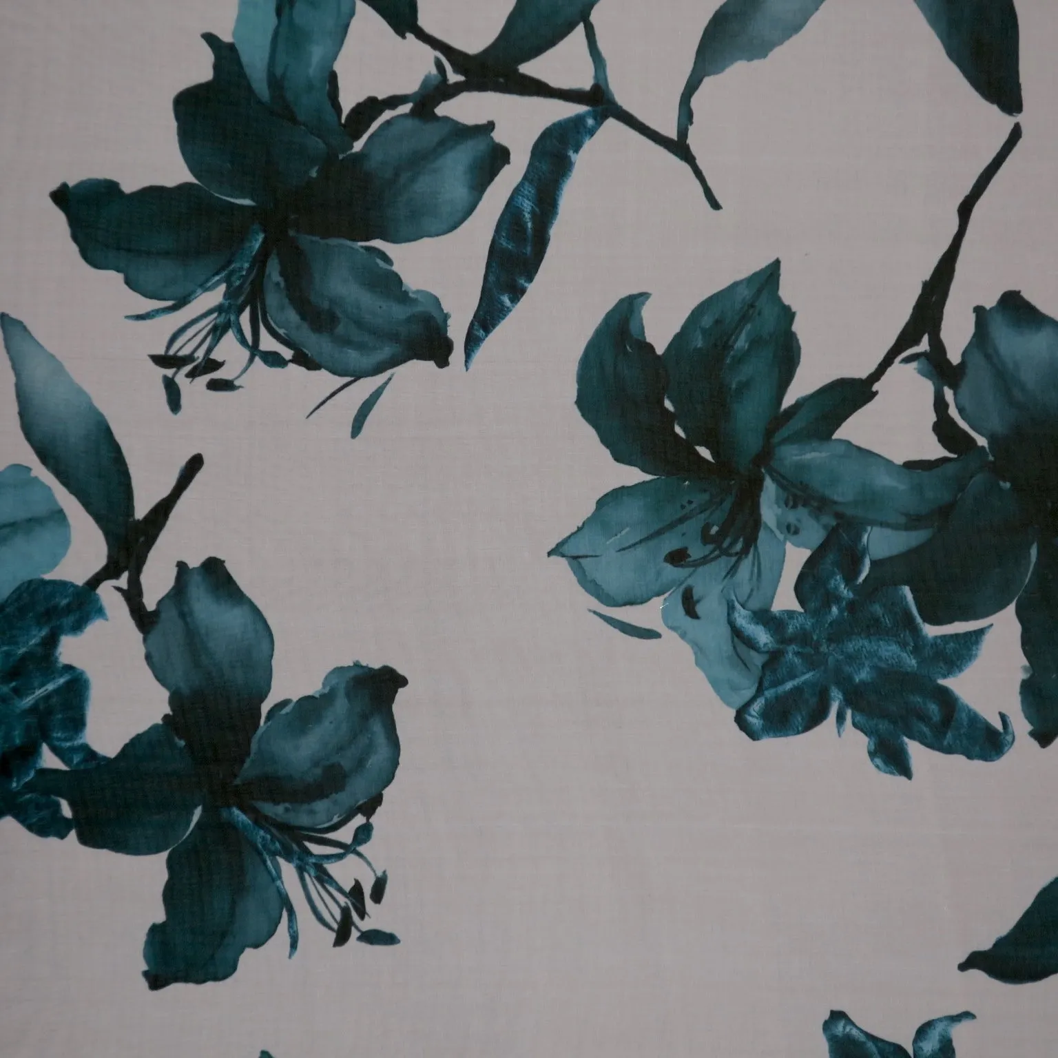 Teal Florals on Light Sheer Background Silk Organza Fabric