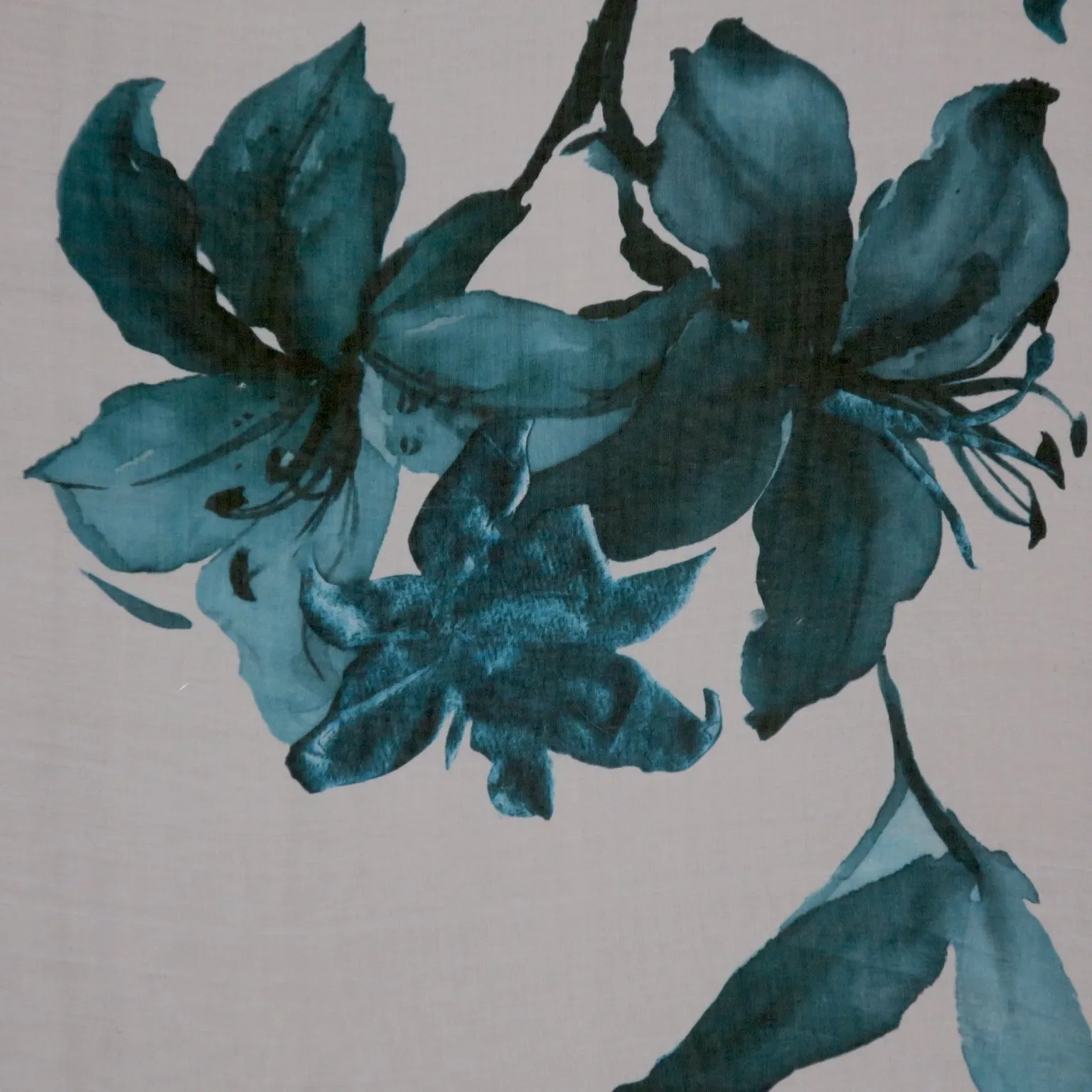 Teal Florals on Light Sheer Background Silk Organza Fabric