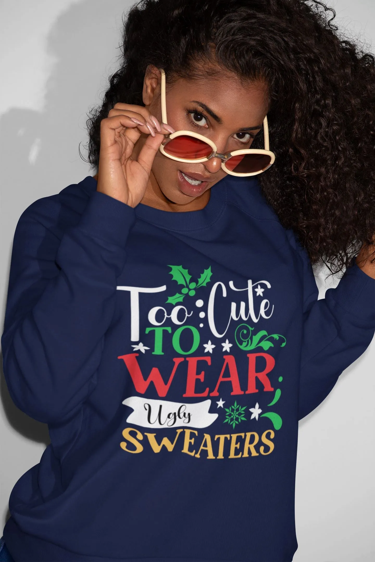 Too Cute to WEAR Ugly Sweaters - Unisex Christmas Sweater in Black, Indigo Blue, and Navy