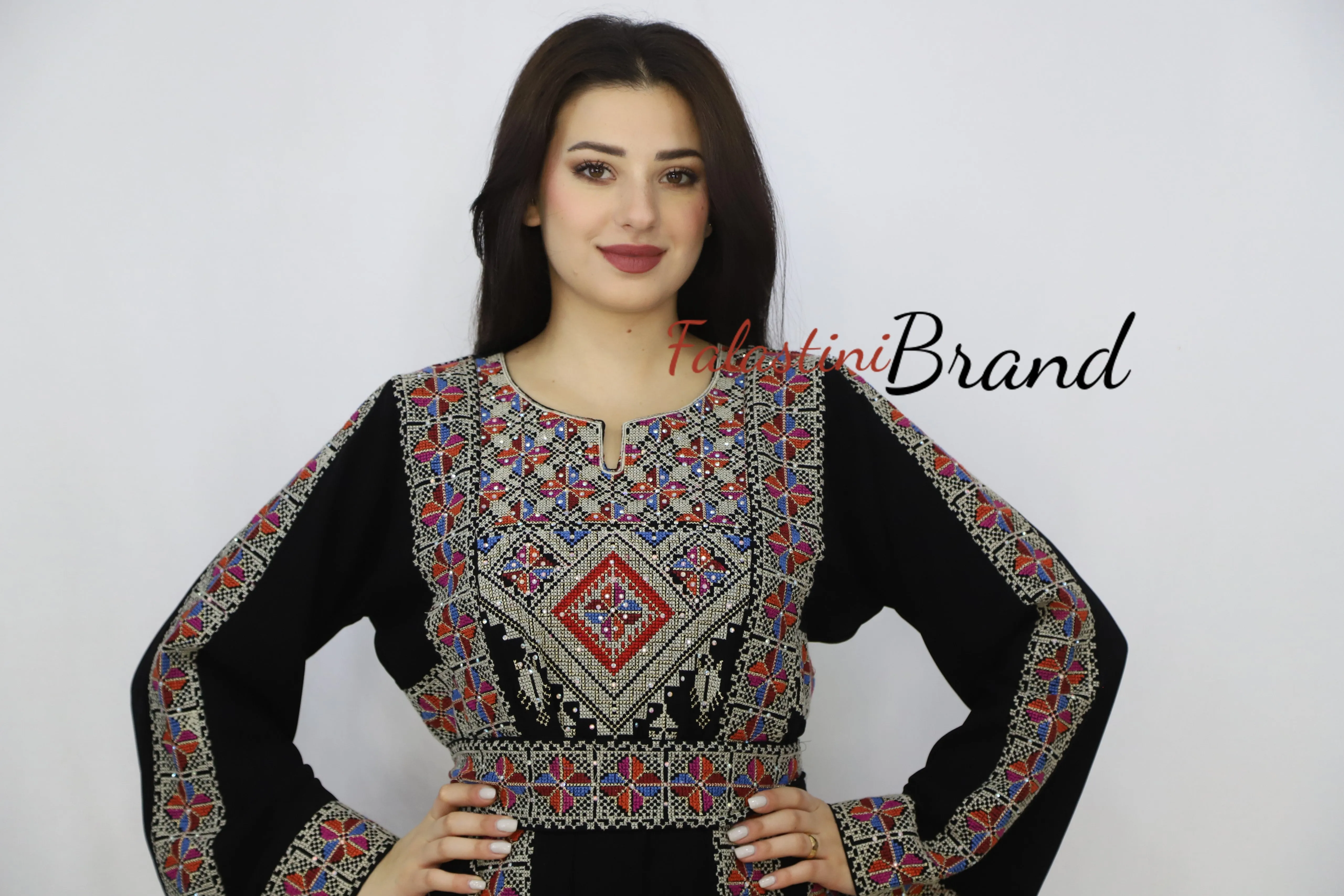 Unique Diamond Silver Embroidered Palestinian Dress
