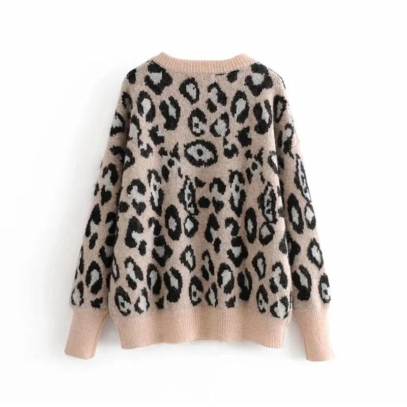 Vintage Leopard Print Sweater Women Loose