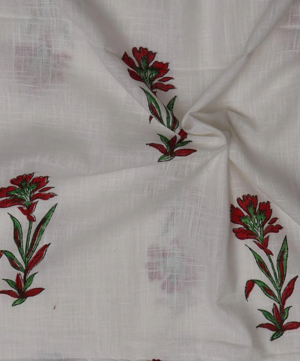 White and Red Floral  Print Slub Cotton Fabric