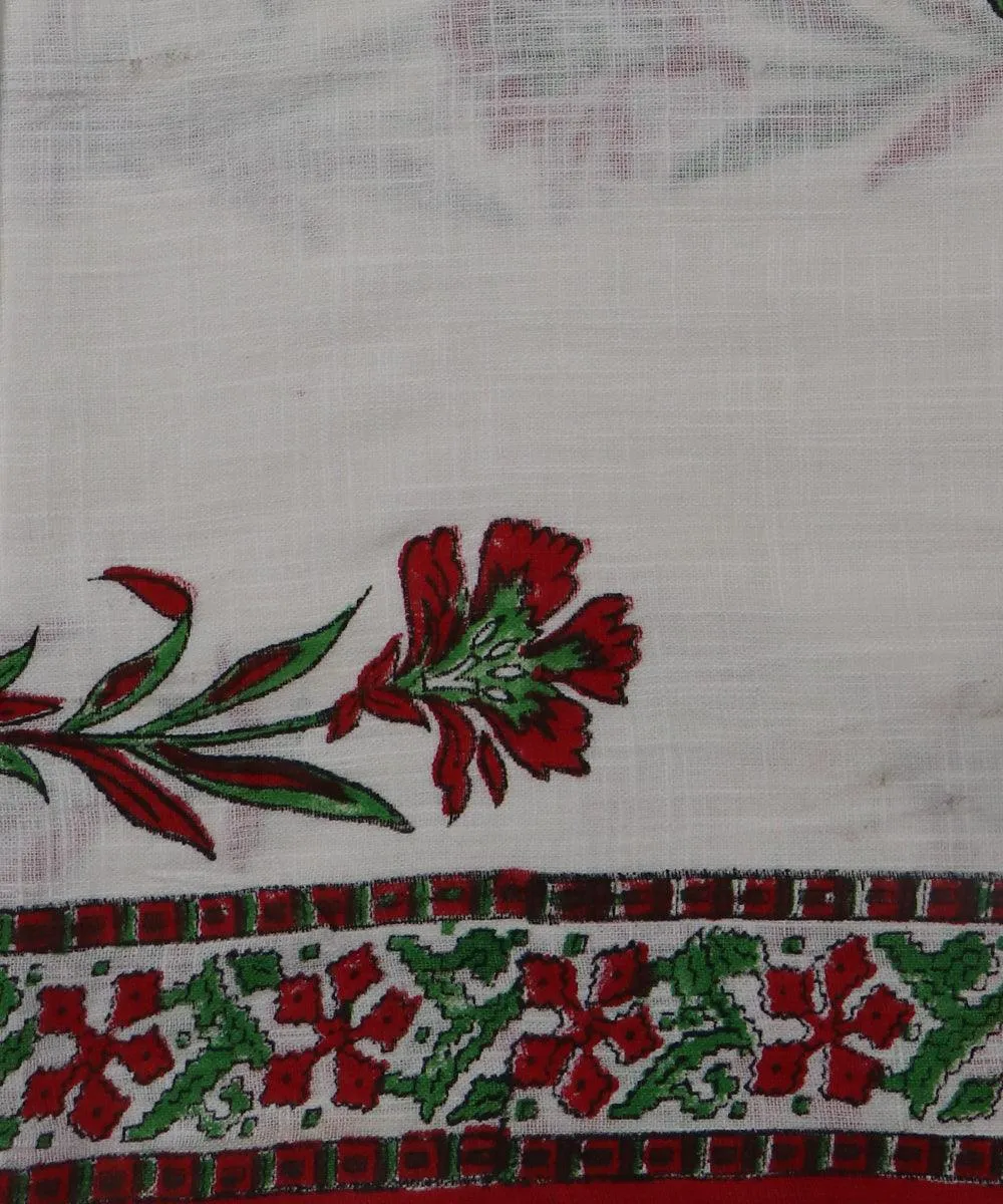 White and Red Floral  Print Slub Cotton Fabric