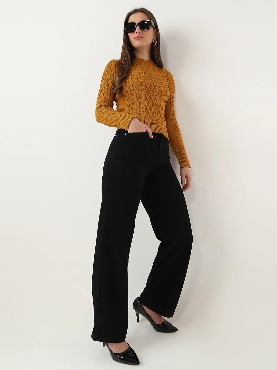 Women Slim Fit Honey Mustard Sweater