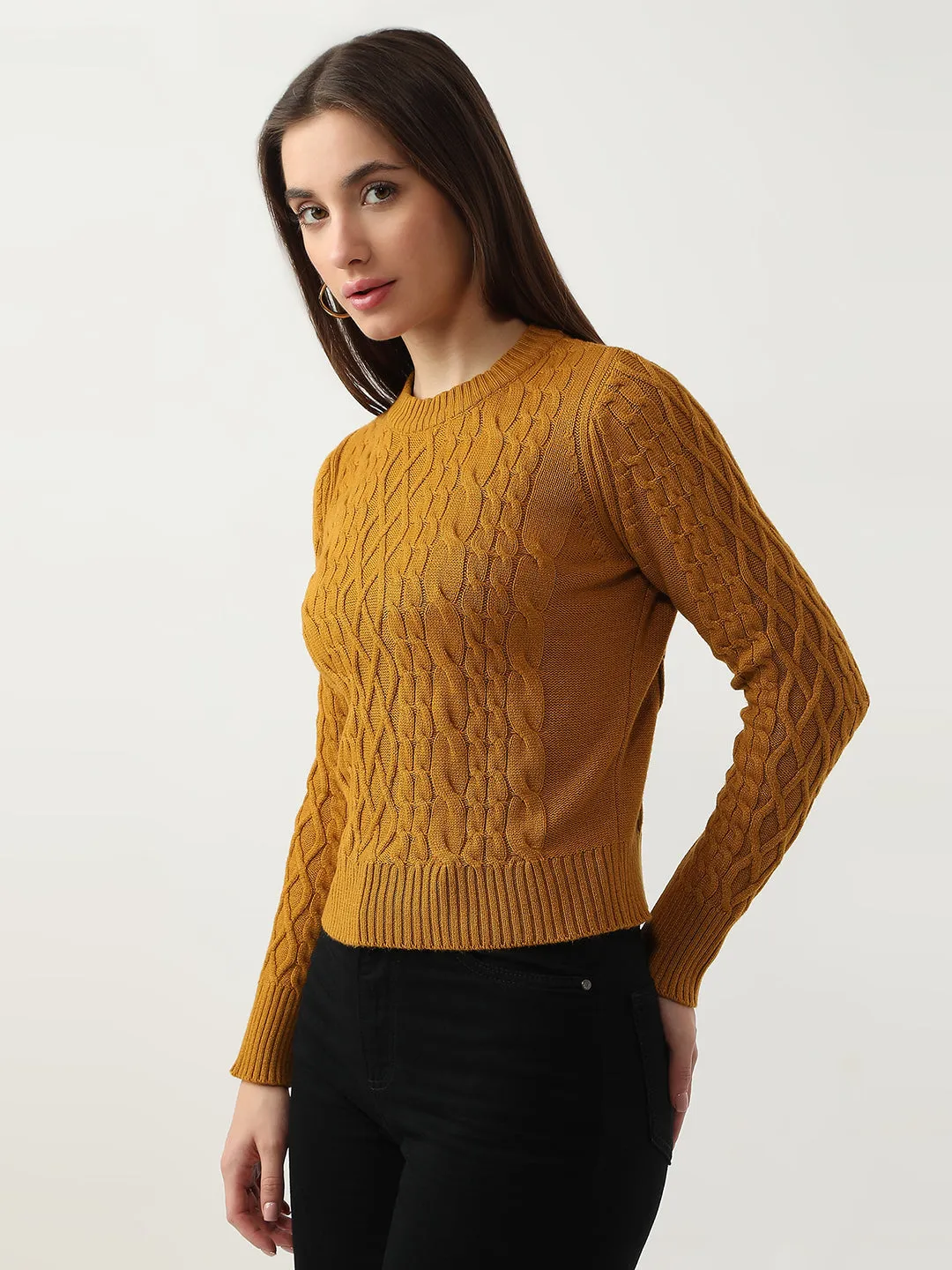 Women Slim Fit Honey Mustard Sweater