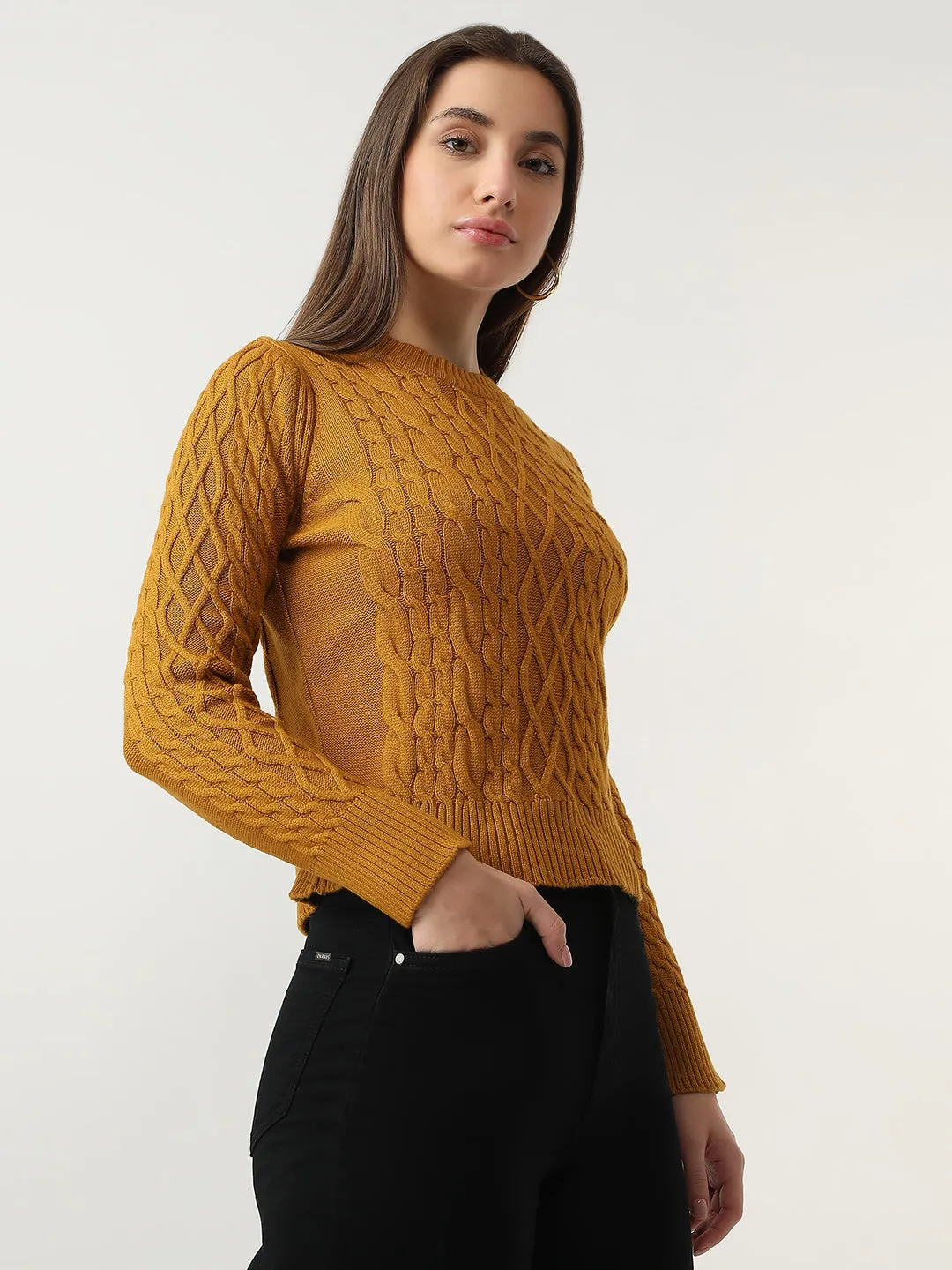 Women Slim Fit Honey Mustard Sweater