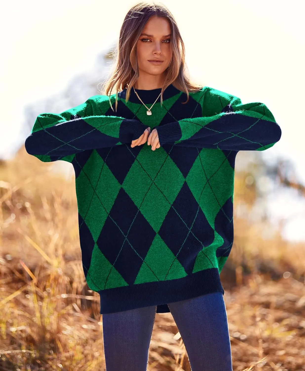 Womens Fall Argyle Oversize Winter Plaid Sweaters